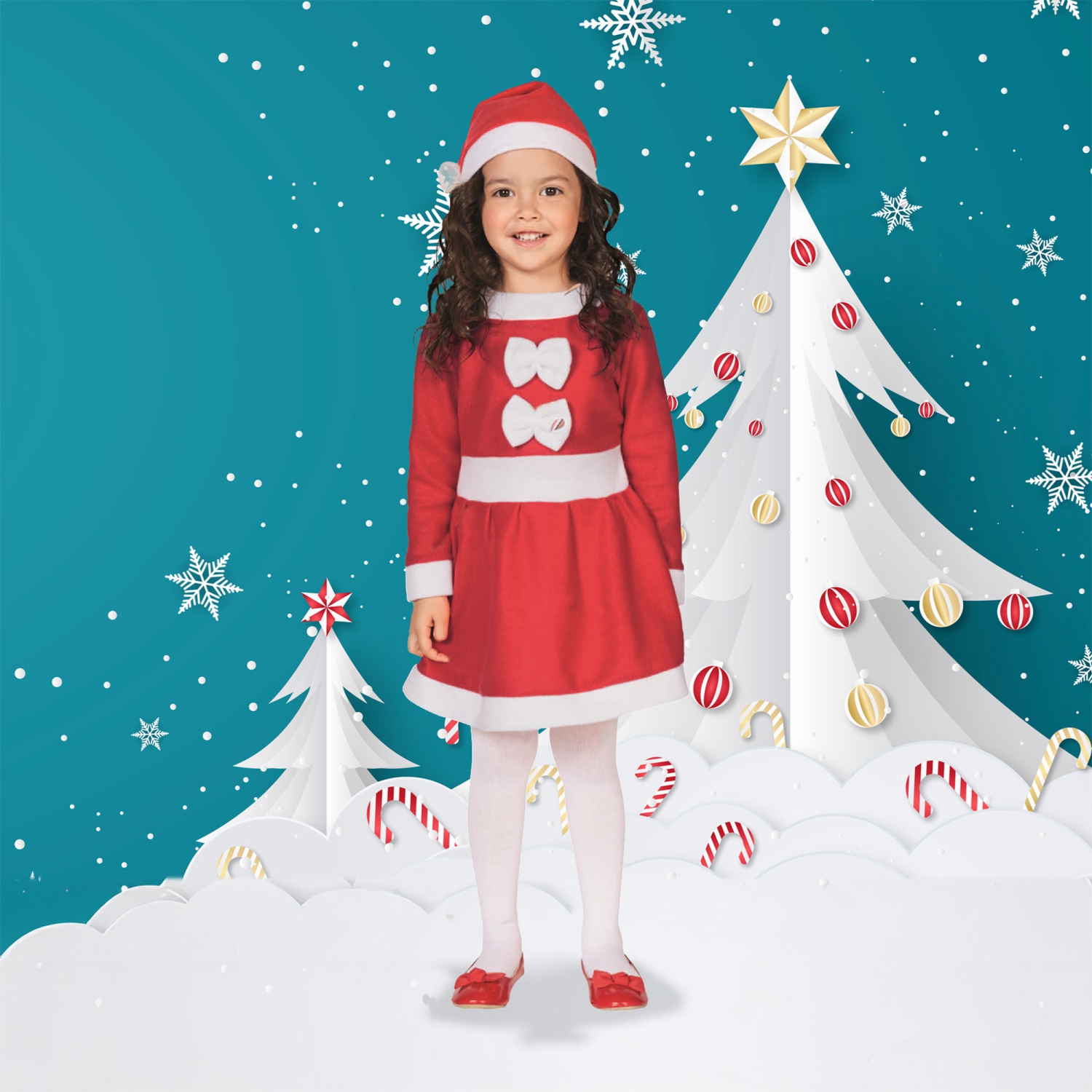 Costume de père Noël pour filles, rouge et blanc, 26 po avec robe et chapeau : 6-8 ans