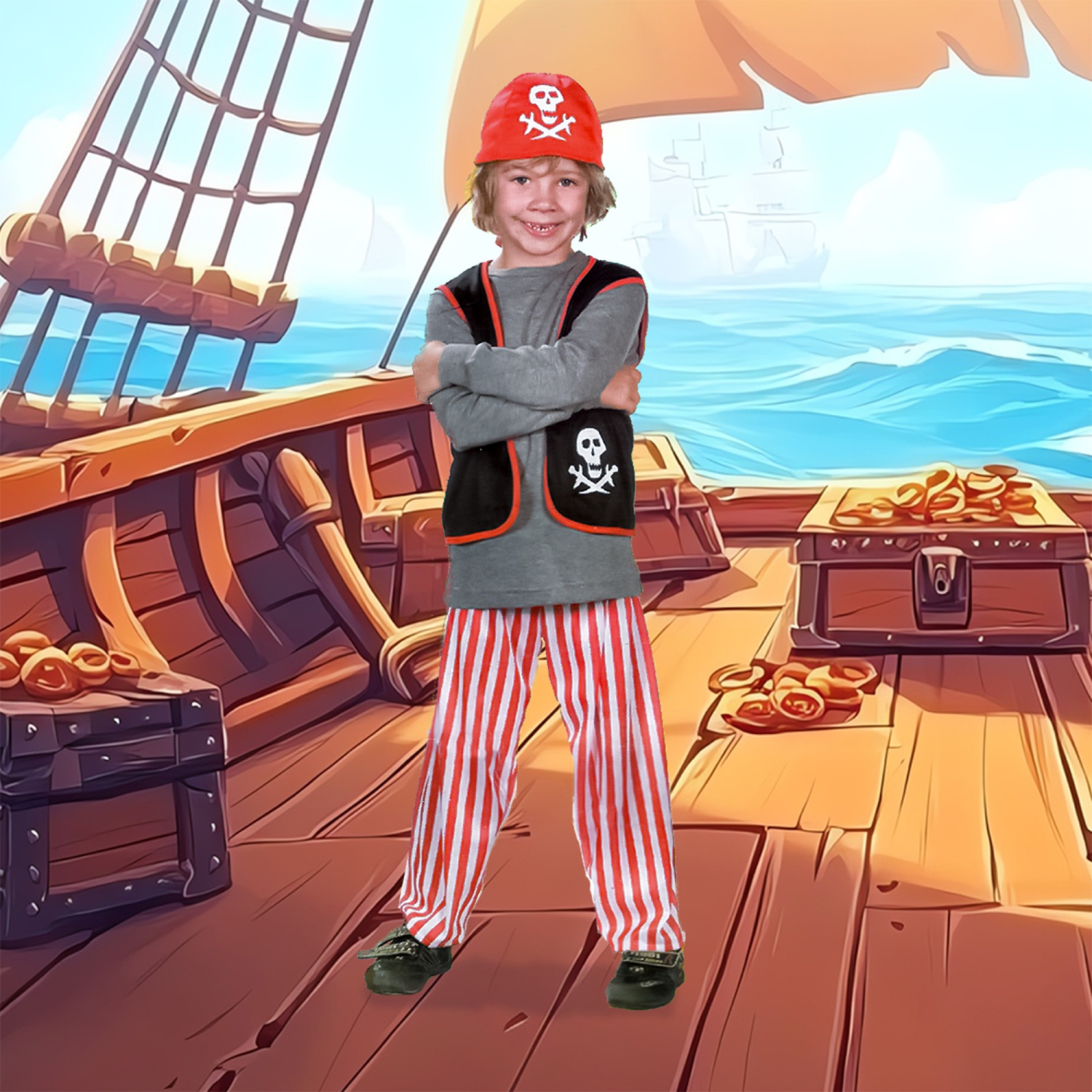 Costume d'Halloween pour enfant, garçon pirate gris et rouge - moyen