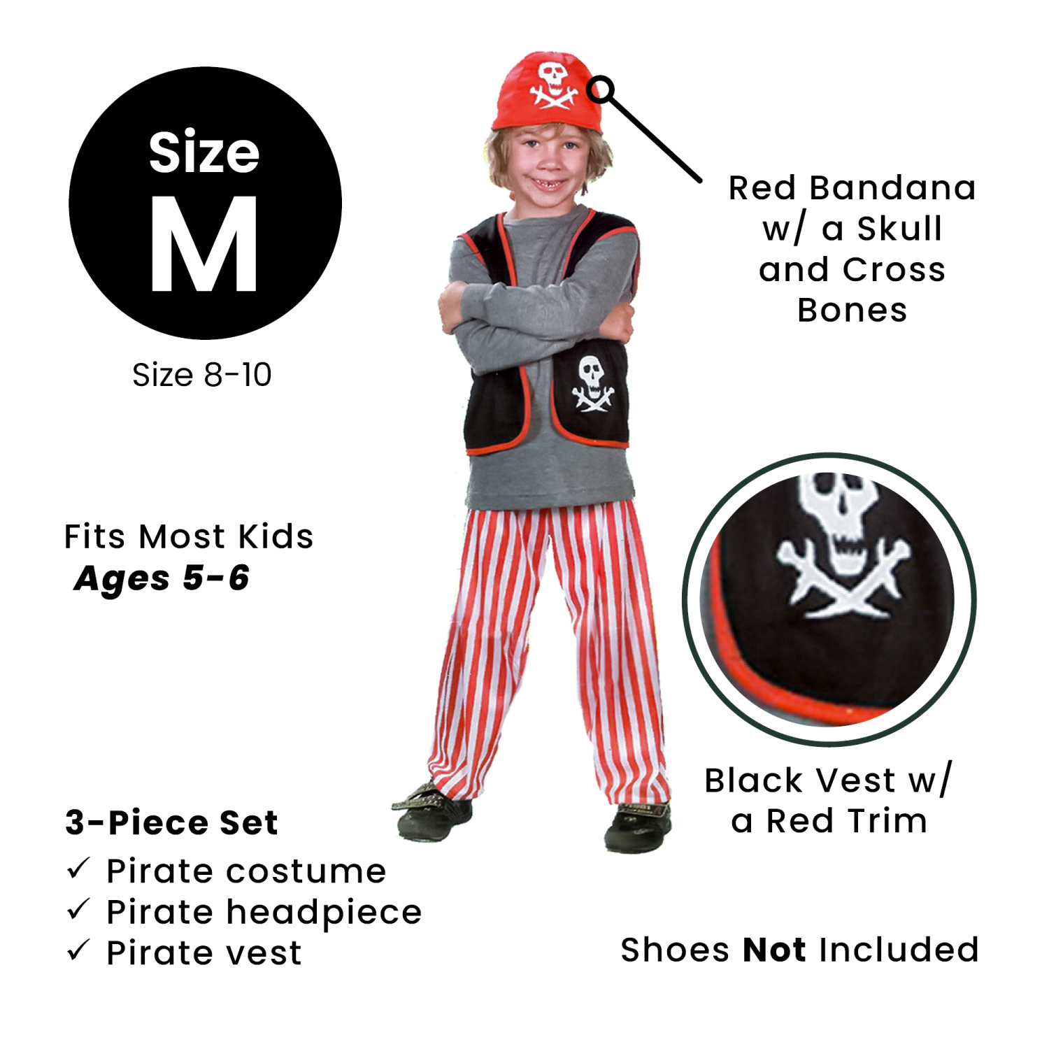 Costume d'Halloween pour enfant, garçon pirate gris et rouge - moyen