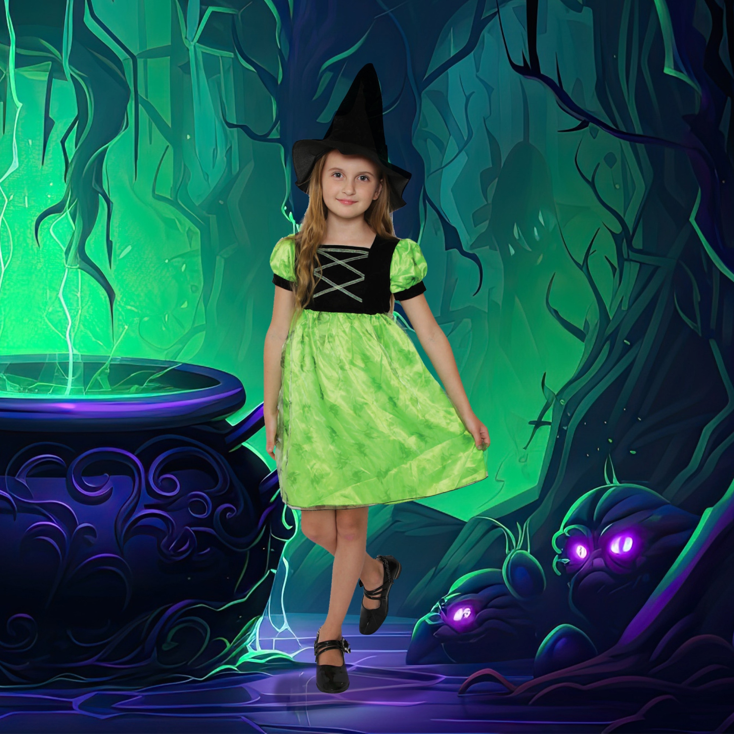 Costume d'Halloween pour enfant, fille sorcière noire et verte - petit