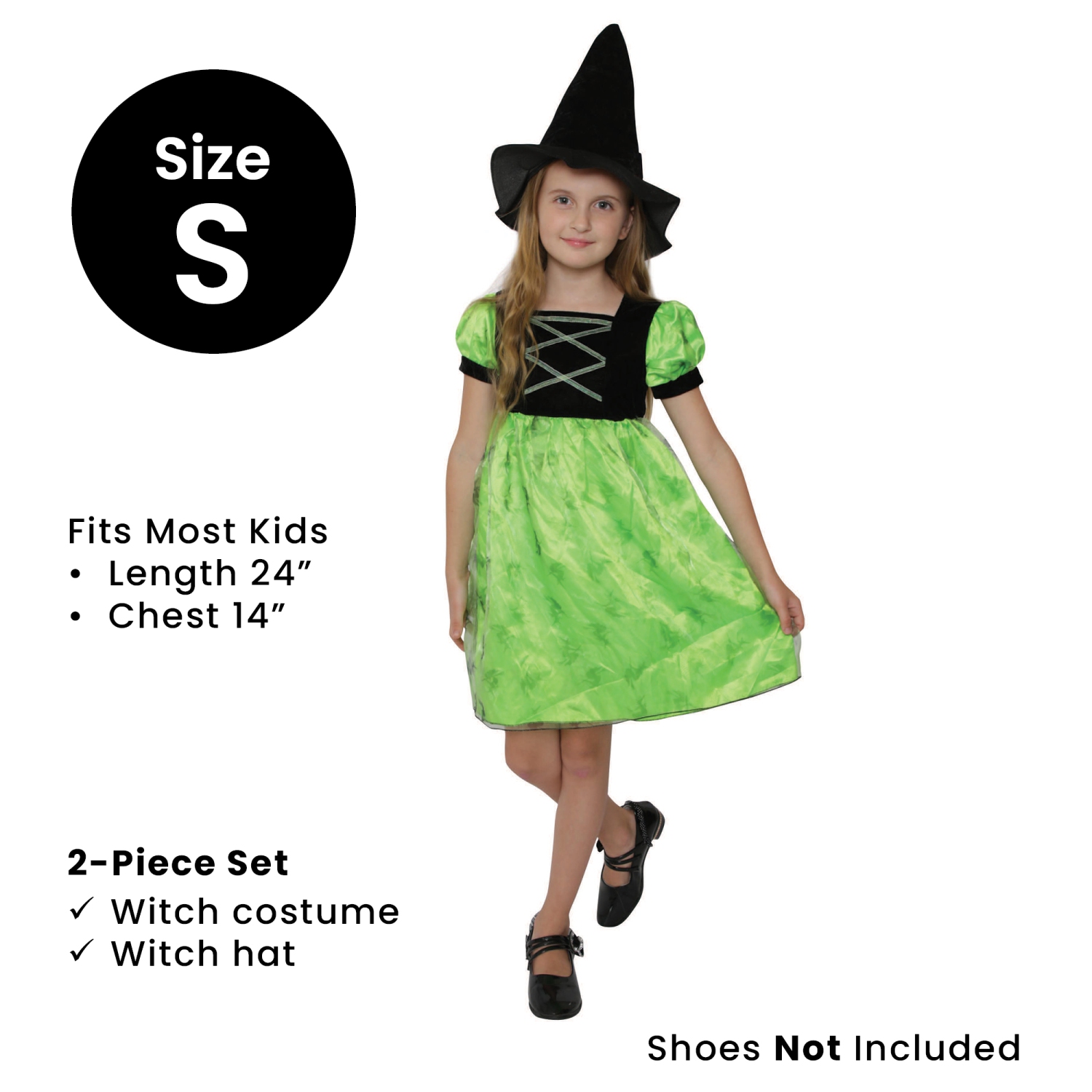 Costume d'Halloween pour enfant, fille sorcière noire et verte - petit