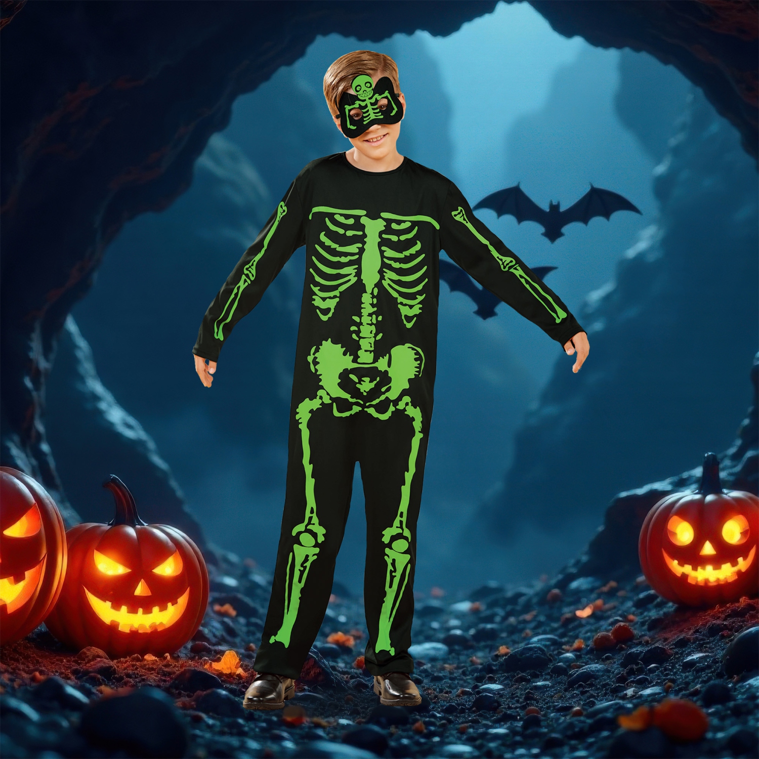 Costume d'Halloween squelette noir et vert pour garçon - moyen