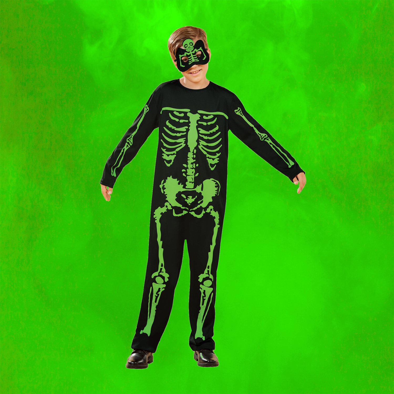 Costume d'Halloween squelette noir et vert pour garçon - moyen