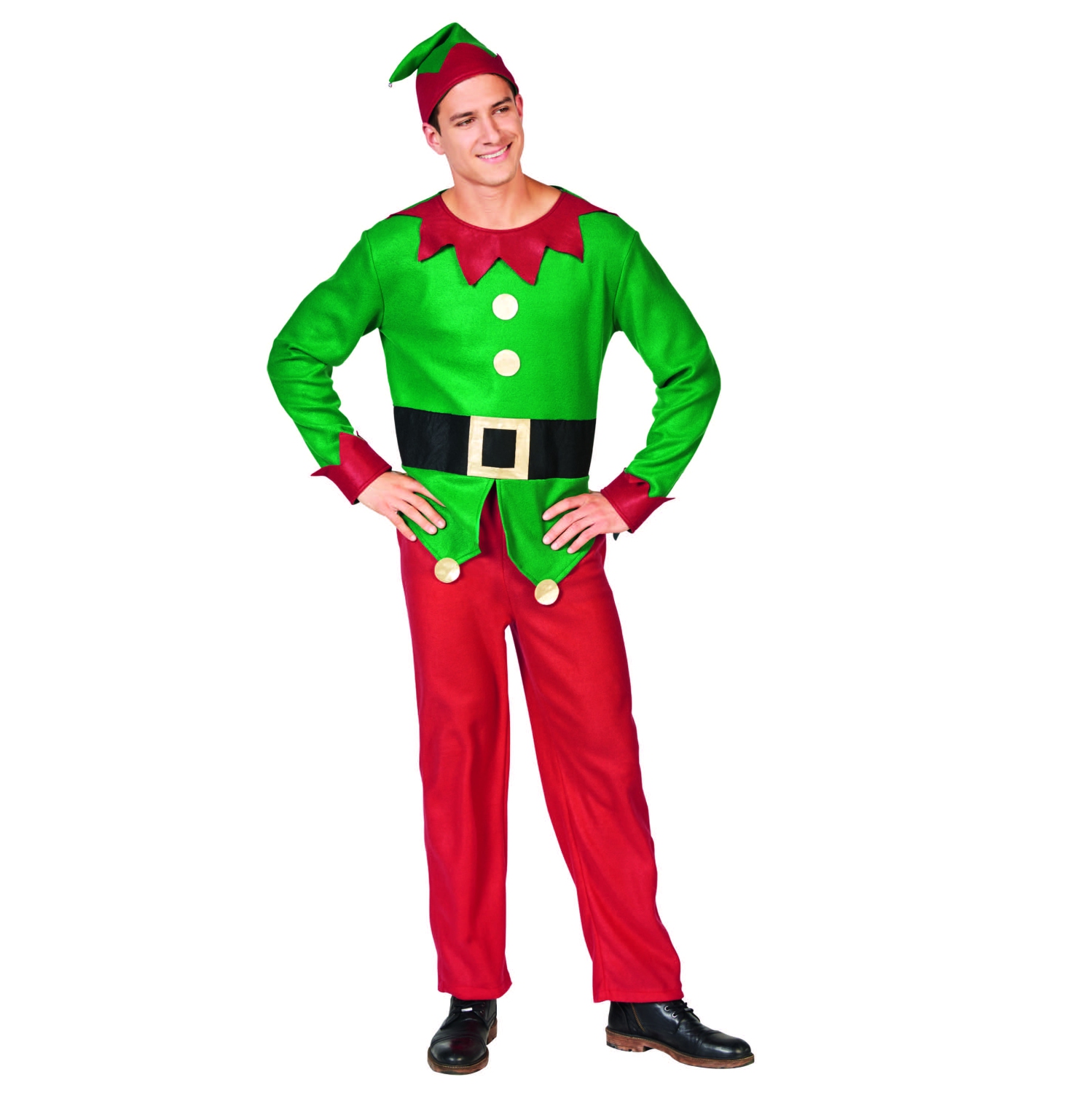 40" Red and Green Men's Elf Costume With a Christmas Santa Hat - Standard Size
