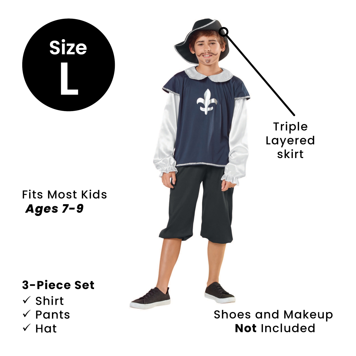 Costume d'Halloween Musketeer pour garçons - 7-9 ans - Bleu et blanc