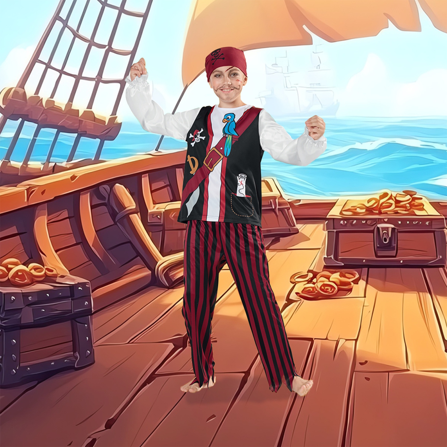 Costume d'Halloween de pirate pour enfant, garçon rouge et noir - petit