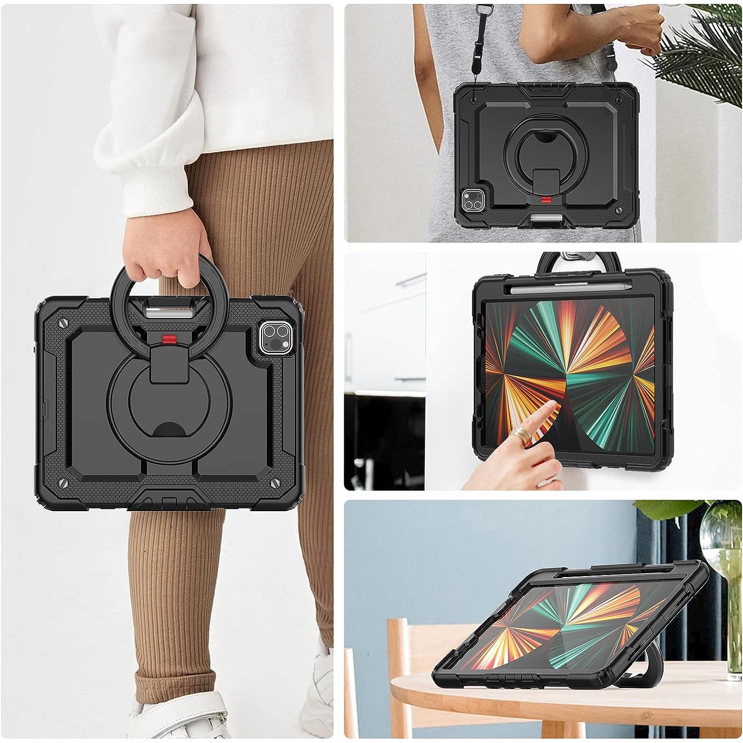 XCRS Rugged Kickstand Cover, Portable Folding Handle Grip 360° Rotating Kickstand Shockproof Hybrid Case for Apple iPad Air, Air 4 (2020)/ iPad Pro