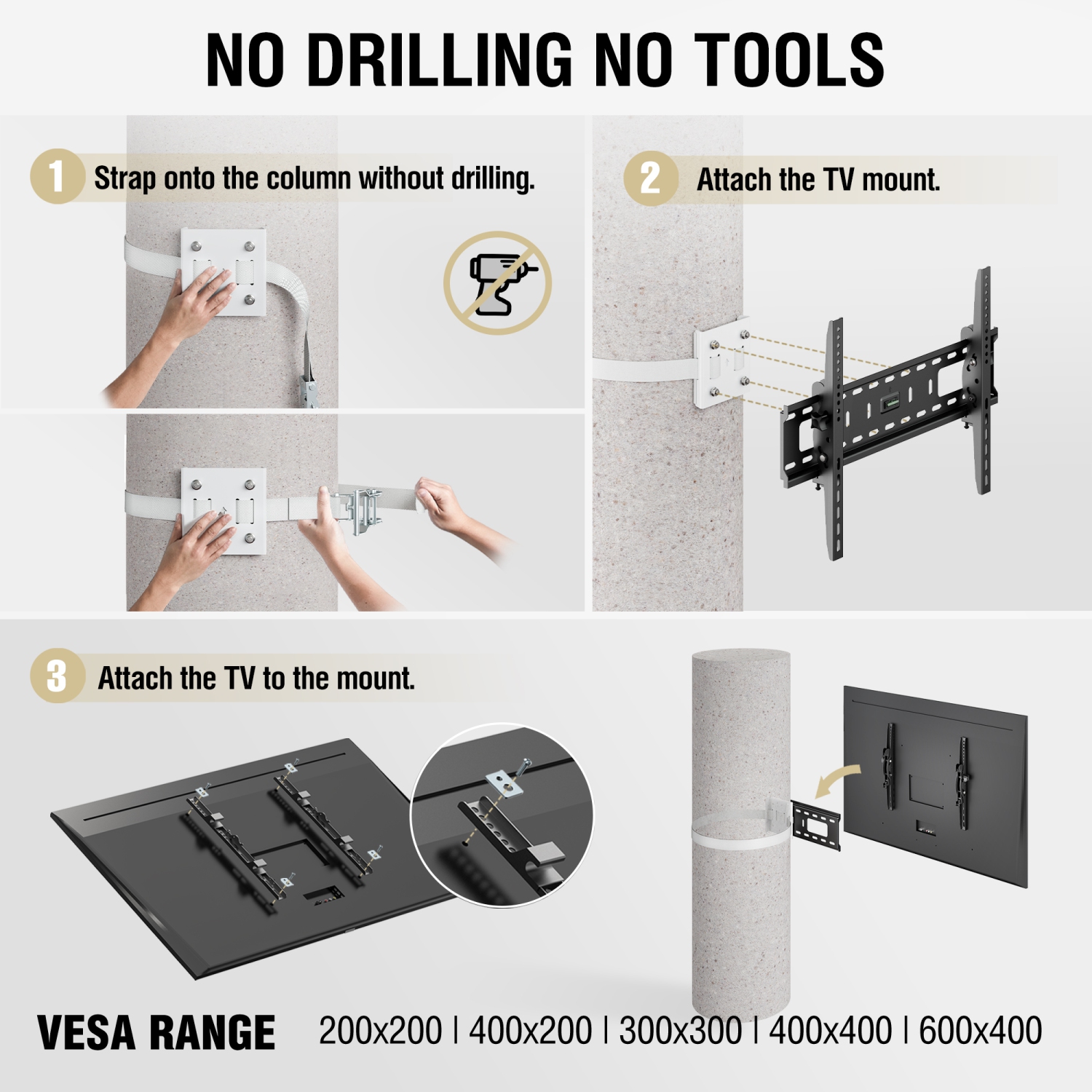 CondoMounts TILT Only-LARGE Pillar TV Mount | Column TV Mount | Round & Square Post TV Mount | No Drill | Holds 120lbs | Fits 37" to 85" TVs | Fits