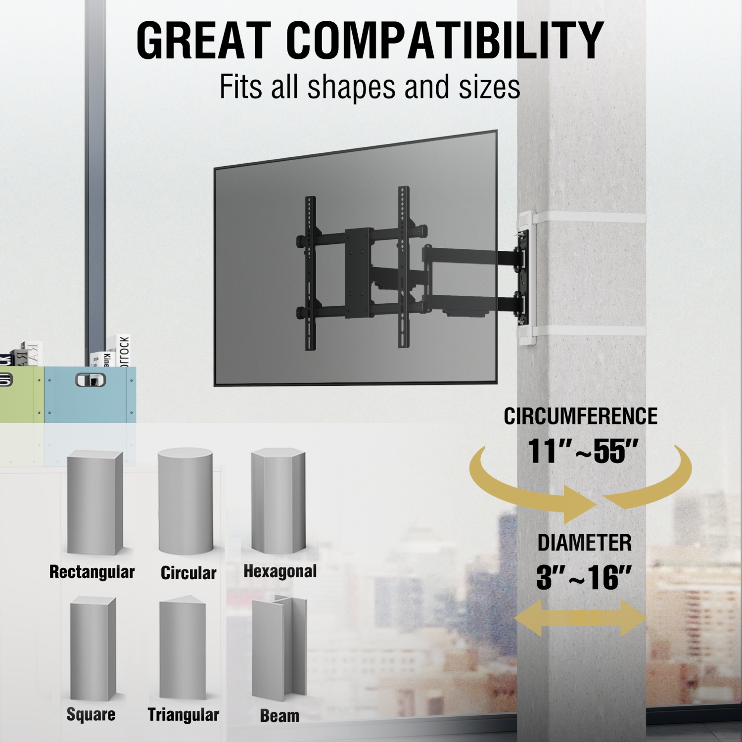 CondoMounts Full Motion SMALL Pillar TV Mount | Gazebo TV Mount | Round & Square TV Post Mount | NO Drill | Holds 80lbs | Fits 32" to 70" TV | Fits