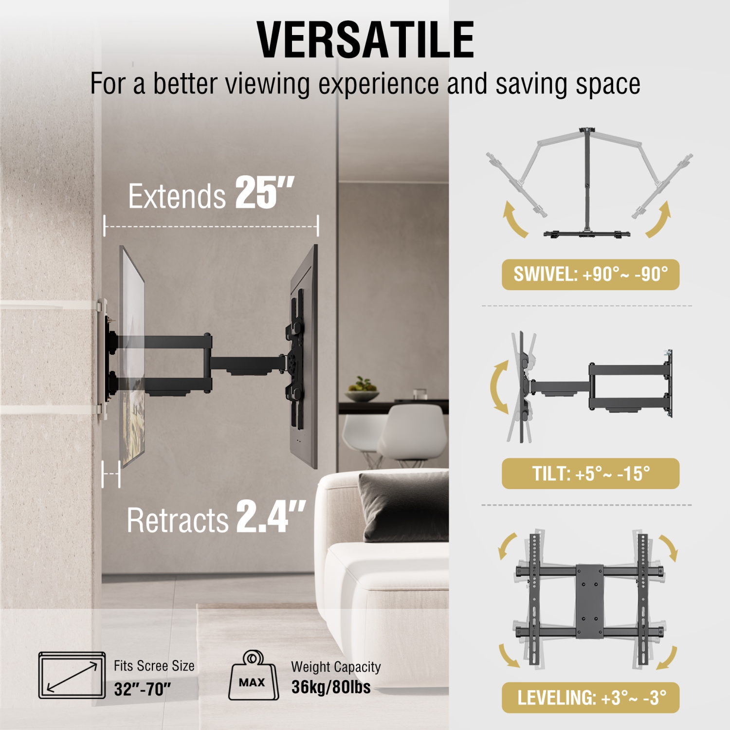 CondoMounts Full Motion SMALL Pillar TV Mount | Gazebo TV Mount | Round & Square TV Post Mount | NO Drill | Holds 80lbs | Fits 32" to 70" TV | Fits
