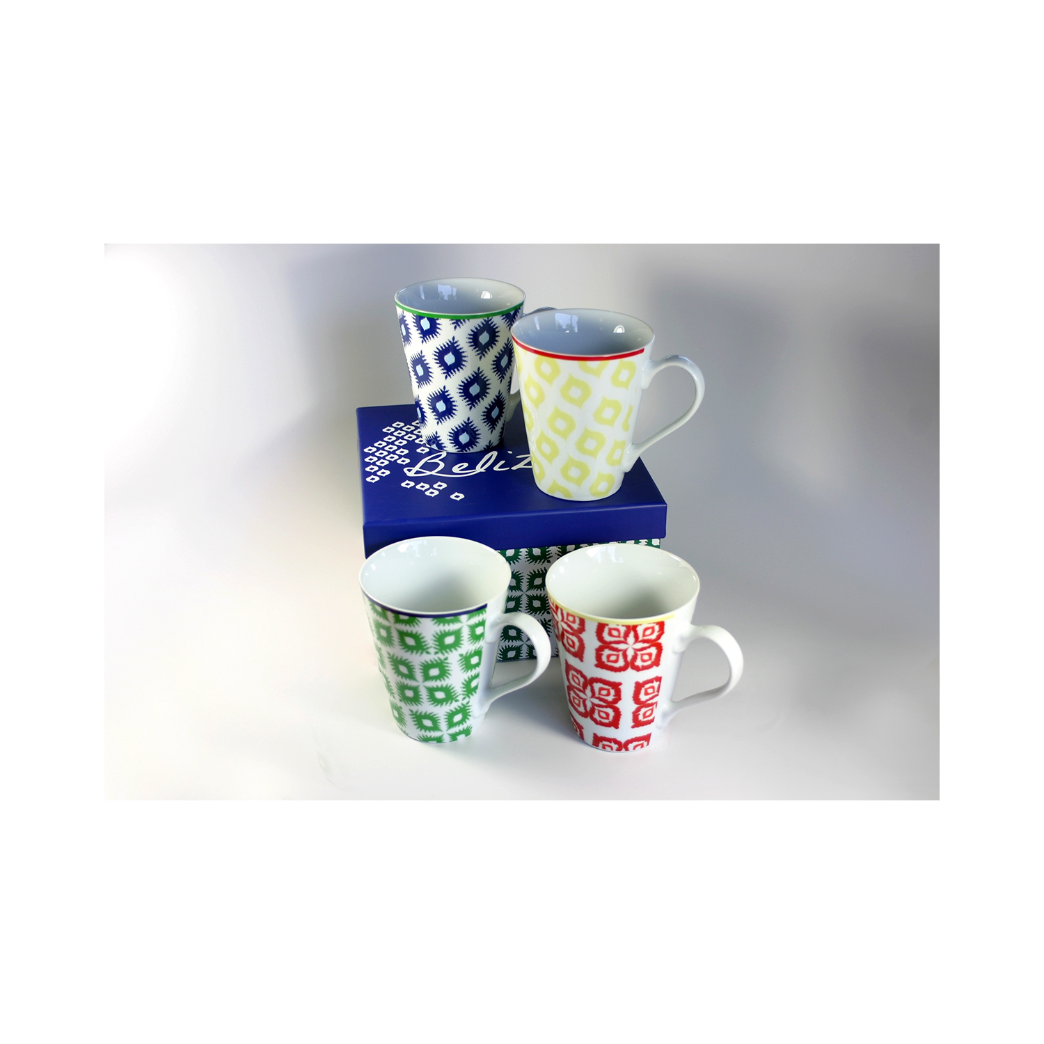 Ensemble de 4 tasses à café en porcelaine Belize colorées avec boîte-cadeau - 14 oz
