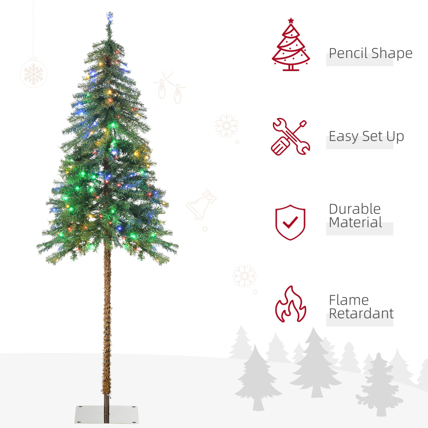 HOMCOM 6ft Tall Prelit Artificial Christmas Tree, Pencil Xmas Tree with 442 Branches, 175 Warm White or Colourful LED Lights, Steel Base
