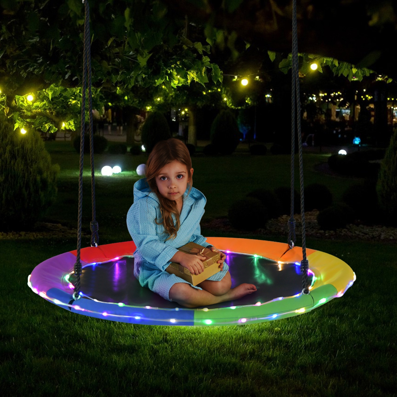 Costway 40" Saucer Tree Swing 660 LBS for Kids Adults Outdoor with LED Lights Rainbow Color/Blue