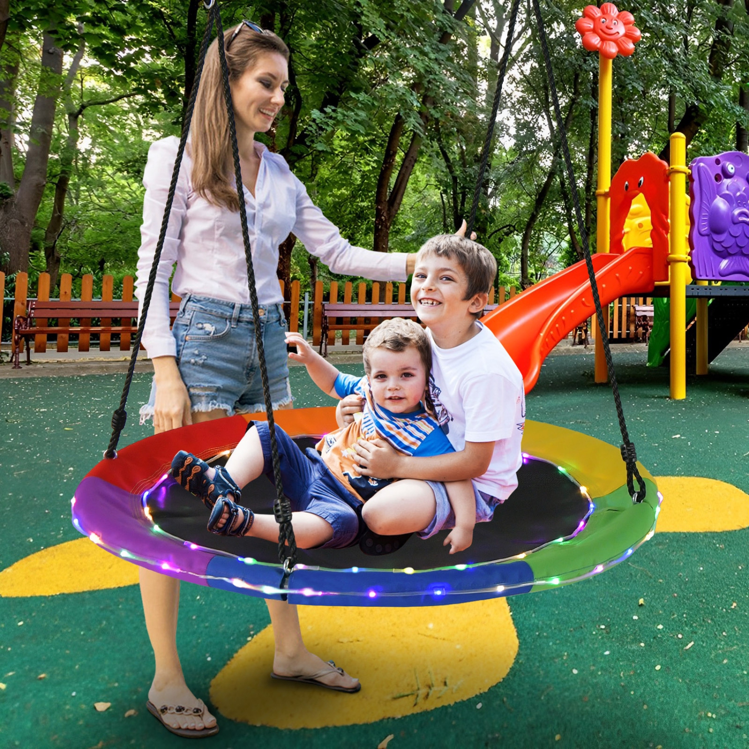 Costway 40" Saucer Tree Swing 660 LBS for Kids Adults Outdoor with LED Lights Rainbow Color/Blue