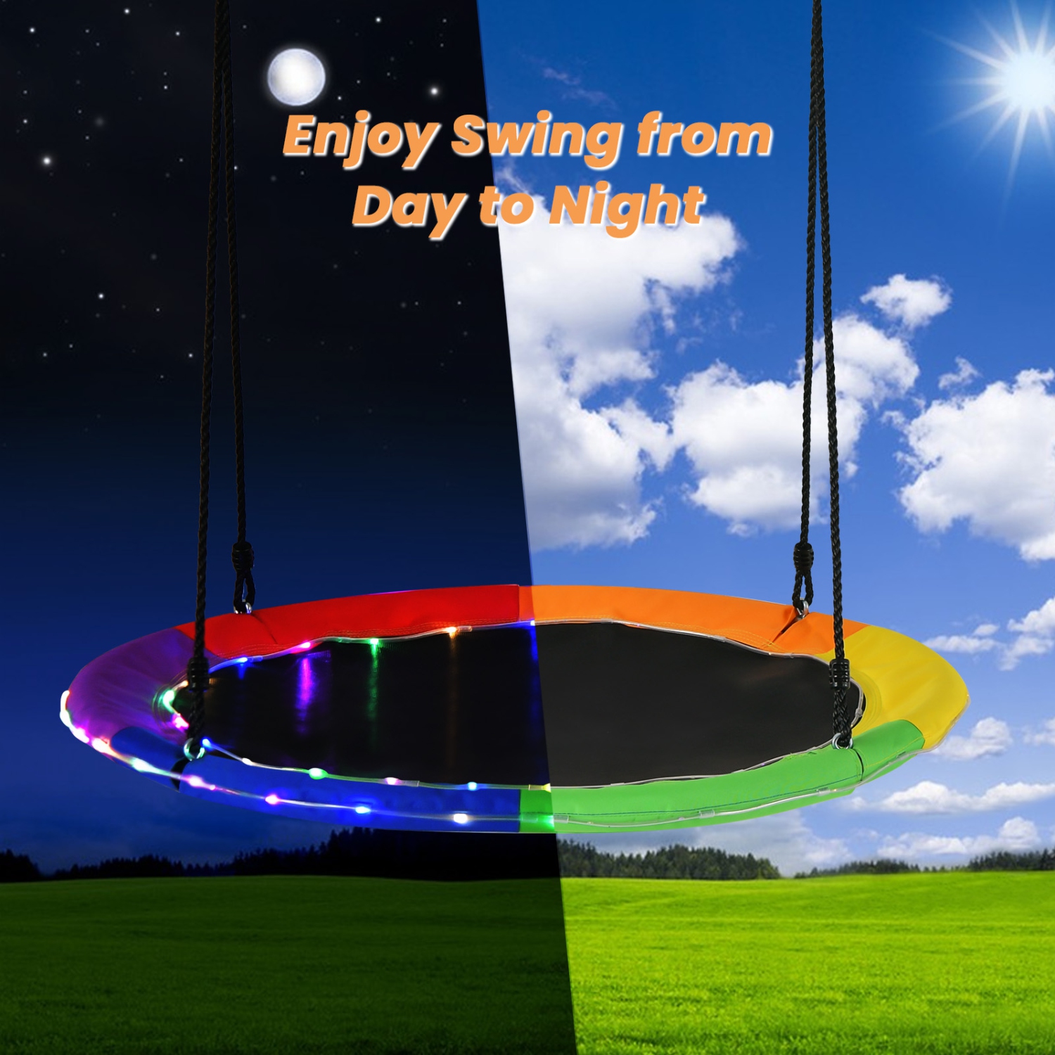 Costway 40" Saucer Tree Swing 660 LBS for Kids Adults Outdoor with LED Lights Rainbow Color/Blue