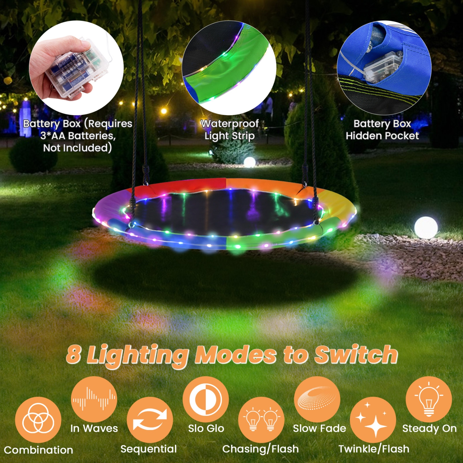 Costway 40" Saucer Tree Swing 660 LBS for Kids Adults Outdoor with LED Lights Rainbow Color/Blue