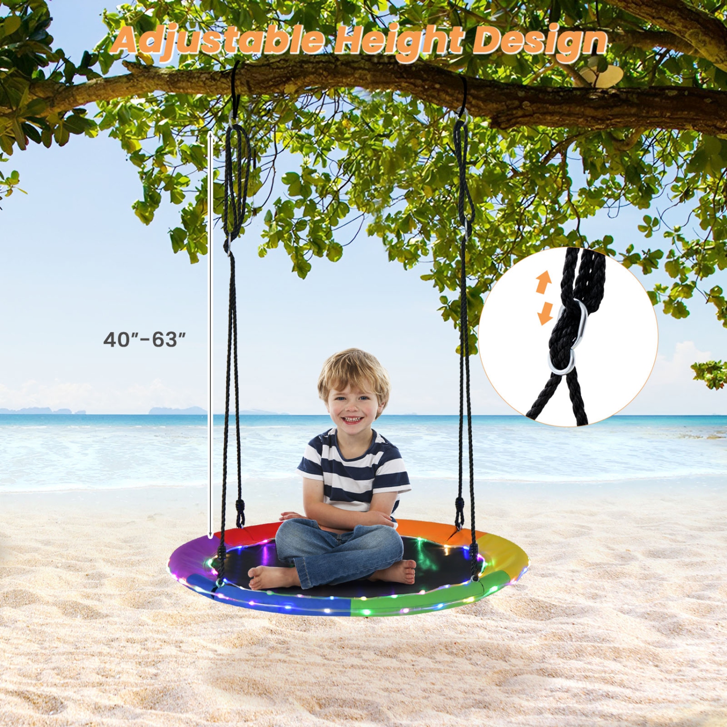 Costway 40" Saucer Tree Swing 660 LBS for Kids Adults Outdoor with LED Lights Rainbow Color/Blue