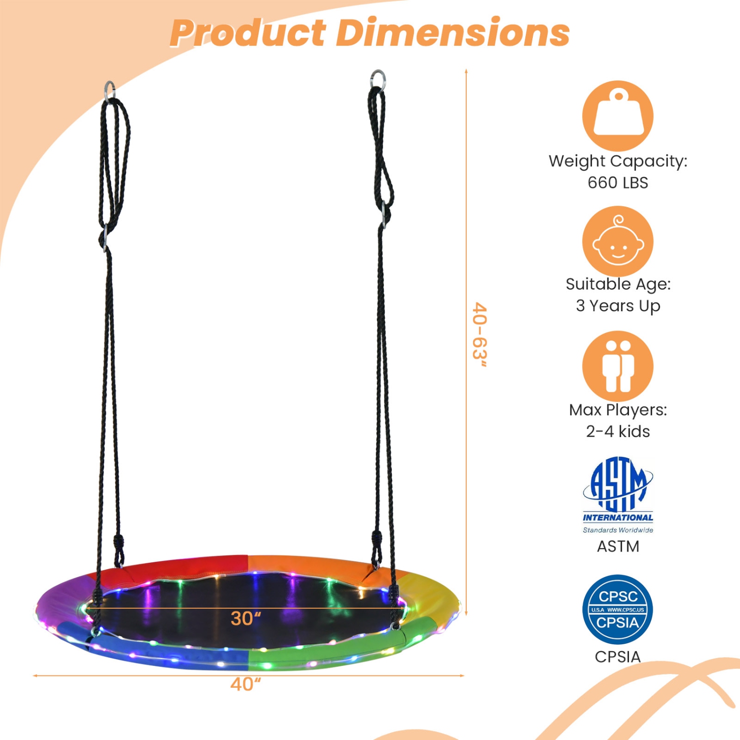 Costway 40" Saucer Tree Swing 660 LBS for Kids Adults Outdoor with LED Lights Rainbow Color/Blue