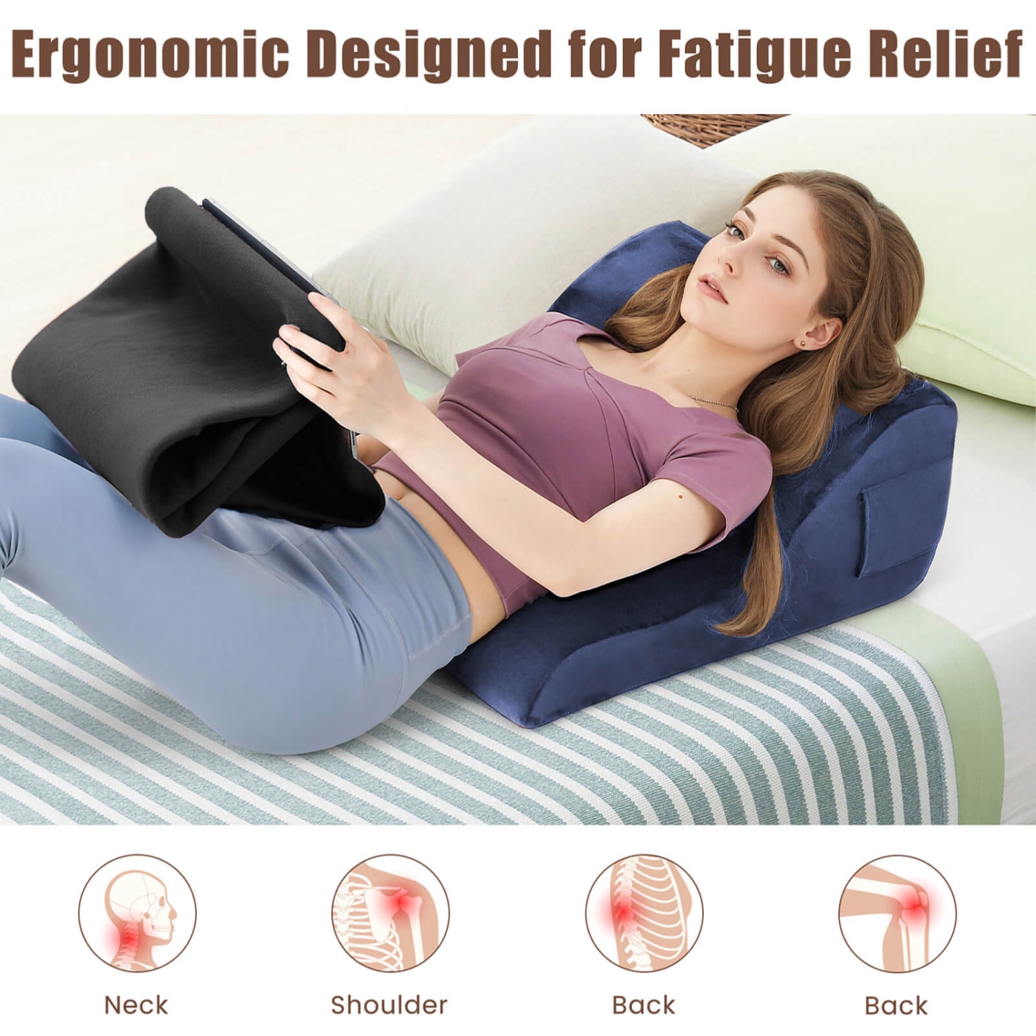 Costway Bed Wedge Pillow with Smooth Zipper Side Pockets Support for Back Brown/Gray/Navy