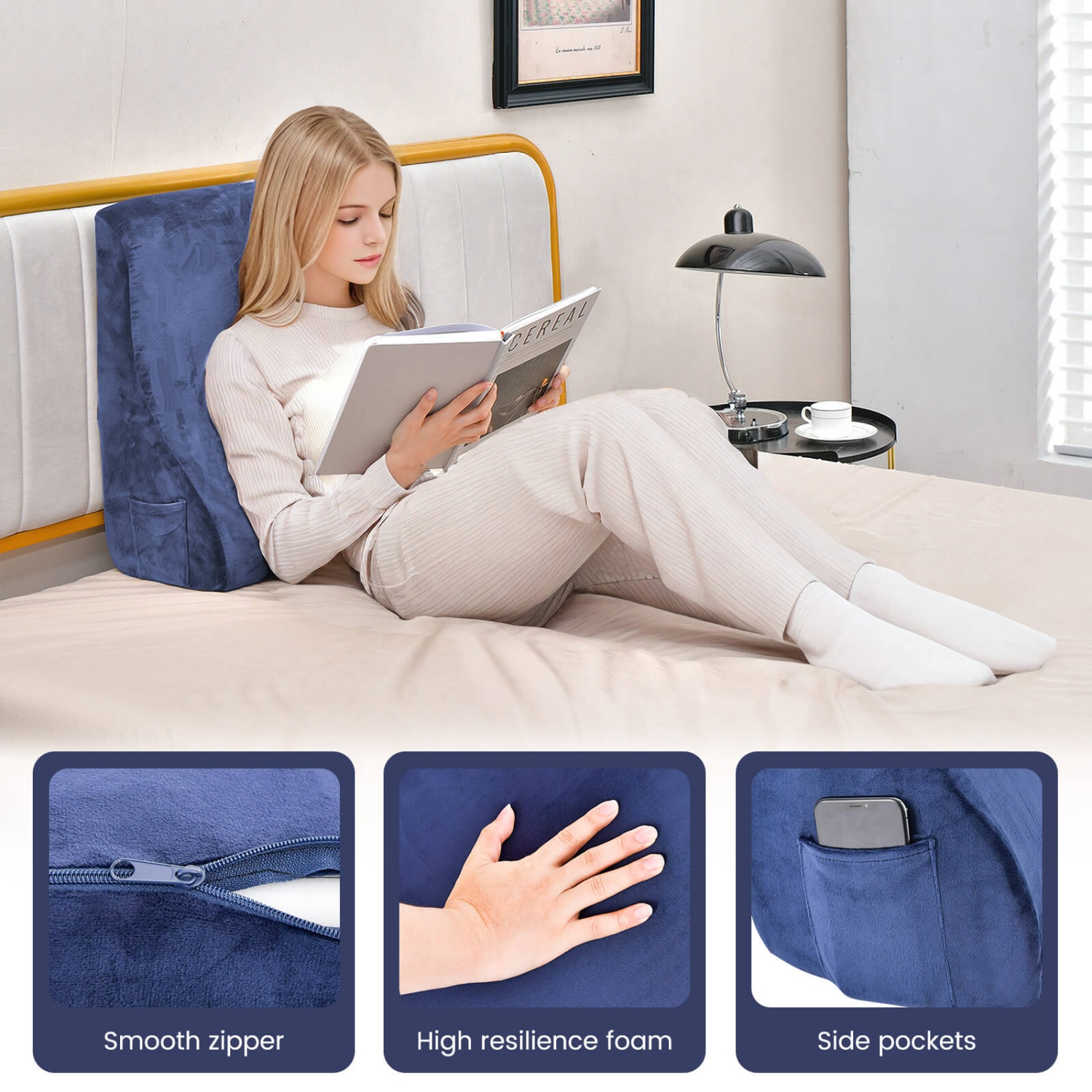 Costway Bed Wedge Pillow with Smooth Zipper Side Pockets Support for Back Brown/Gray/Navy