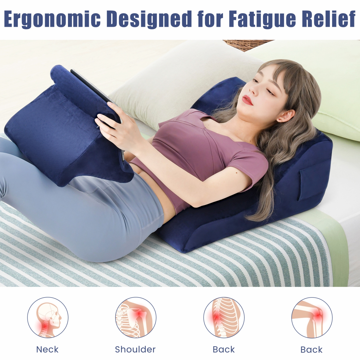 Costway Bed Wedge Pillow with Smooth Zipper Side Pockets Support for Back Brown/Gray/Navy