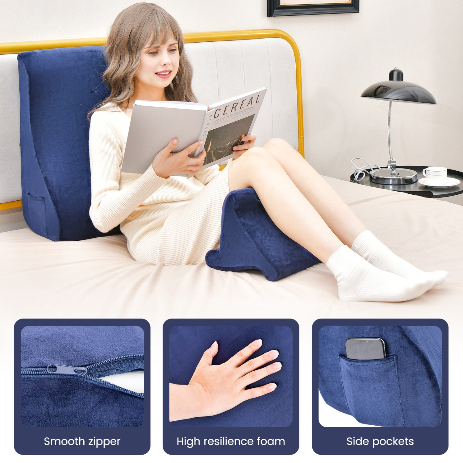 Costway Bed Wedge Pillow with Smooth Zipper Side Pockets Support for Back Brown/Gray/Navy