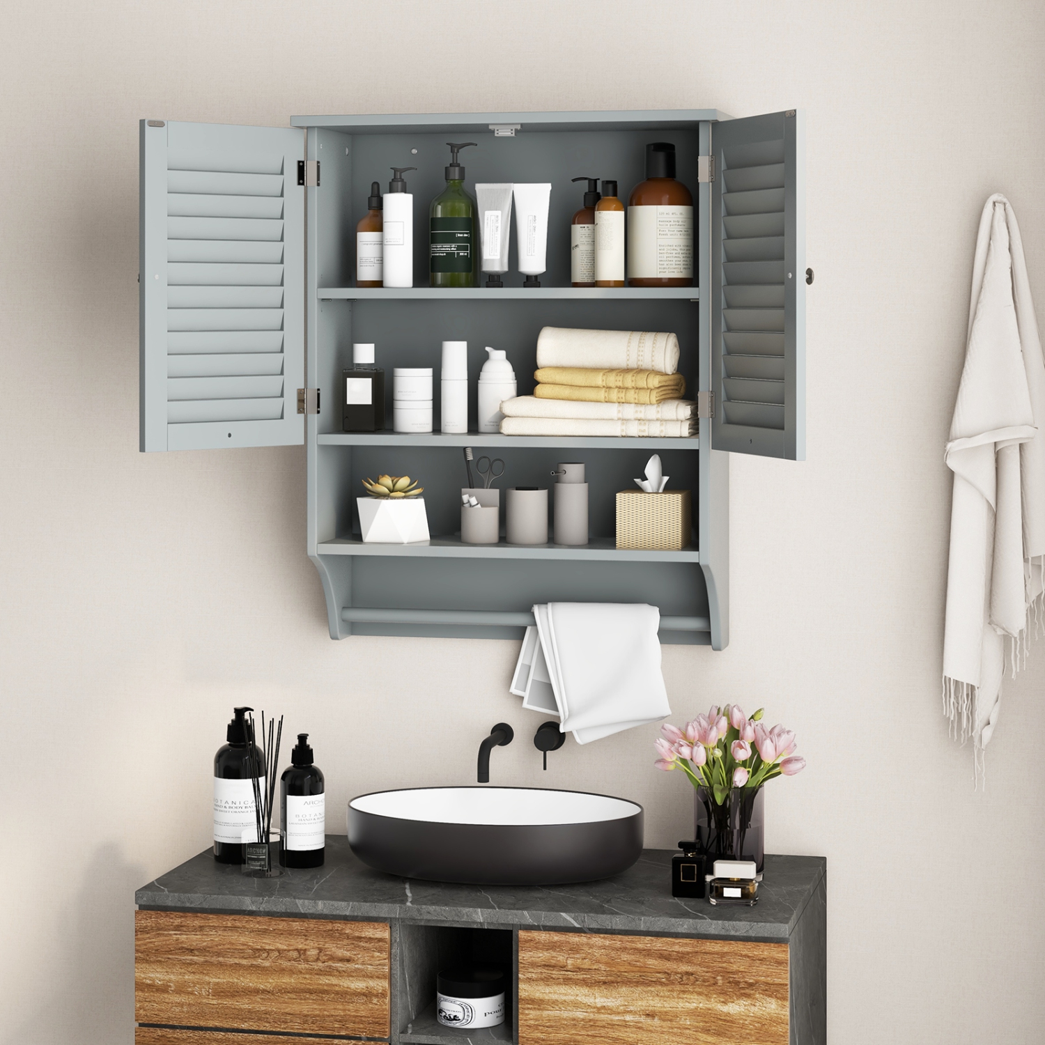 Costway Bathroom Wall Mounted Medicine Cabinet with Louvered Doors & Towel Bar