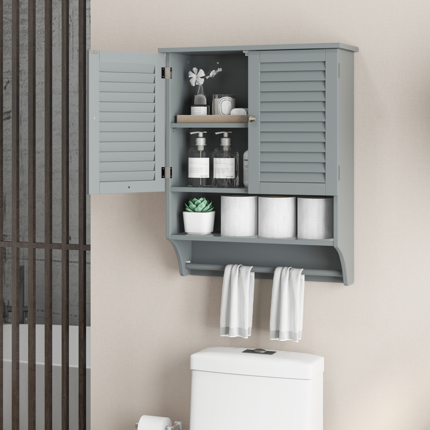 Costway Bathroom Wall Mounted Medicine Cabinet with Louvered Doors & Towel Bar