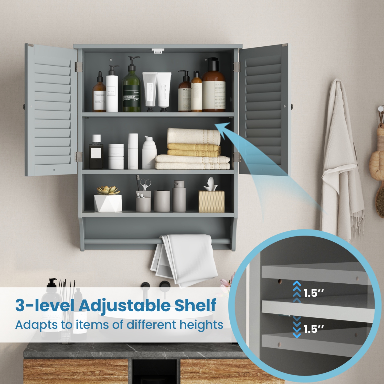 Costway Bathroom Wall Mounted Medicine Cabinet with Louvered Doors & Towel Bar