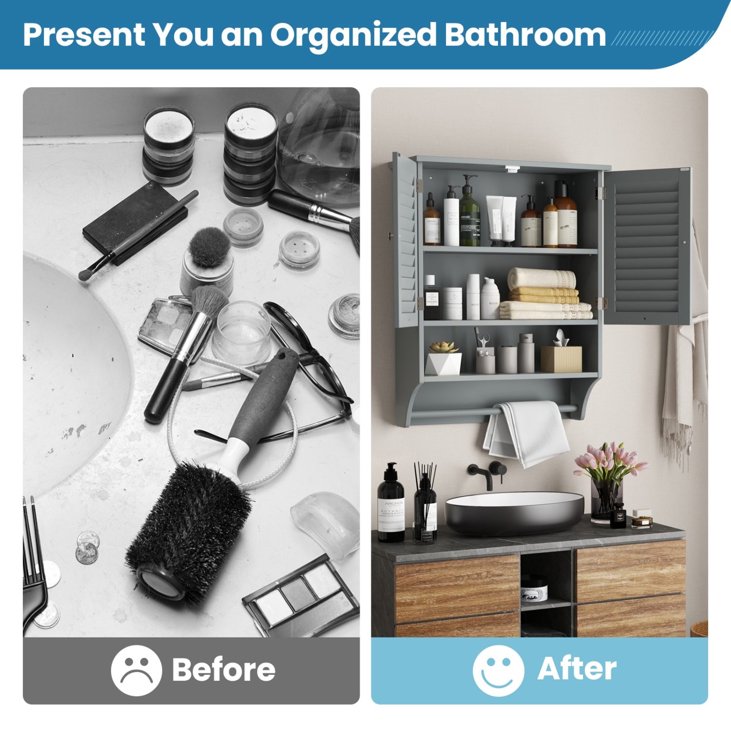 Costway Bathroom Wall Mounted Medicine Cabinet with Louvered Doors & Towel Bar