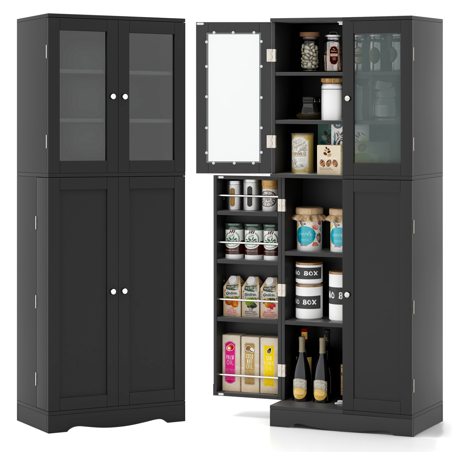Armoire garde-manger de 63,5 po avec tablettes de rangement à porte en verre de Costway - Noir-blanc