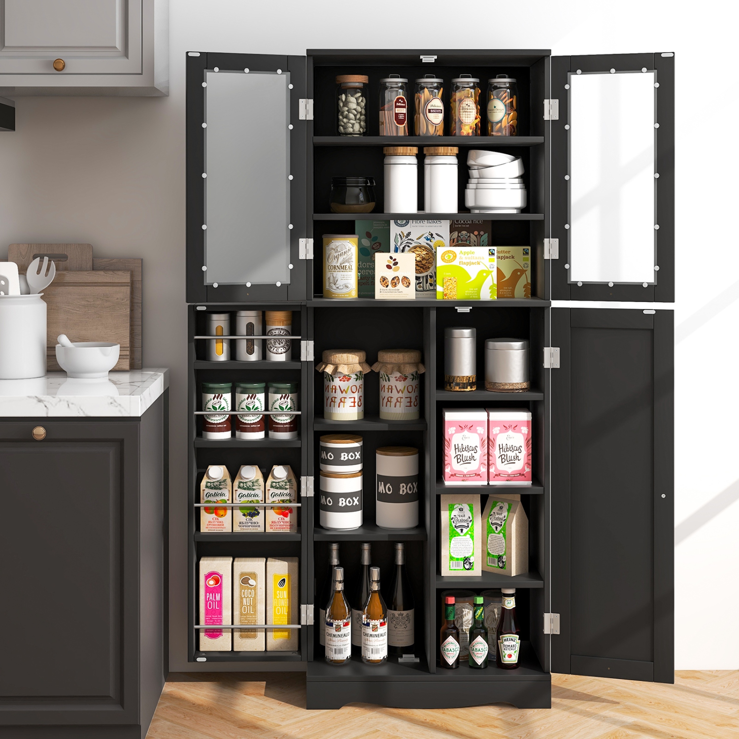 Armoire garde-manger de 63,5 po avec tablettes de rangement à porte en verre de Costway - Noir-blanc