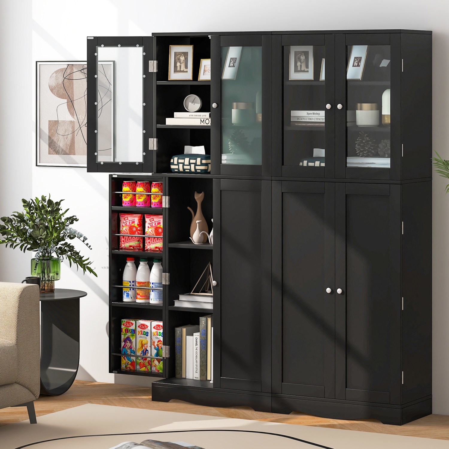 Armoire garde-manger de 63,5 po avec tablettes de rangement à porte en verre de Costway - Noir-blanc
