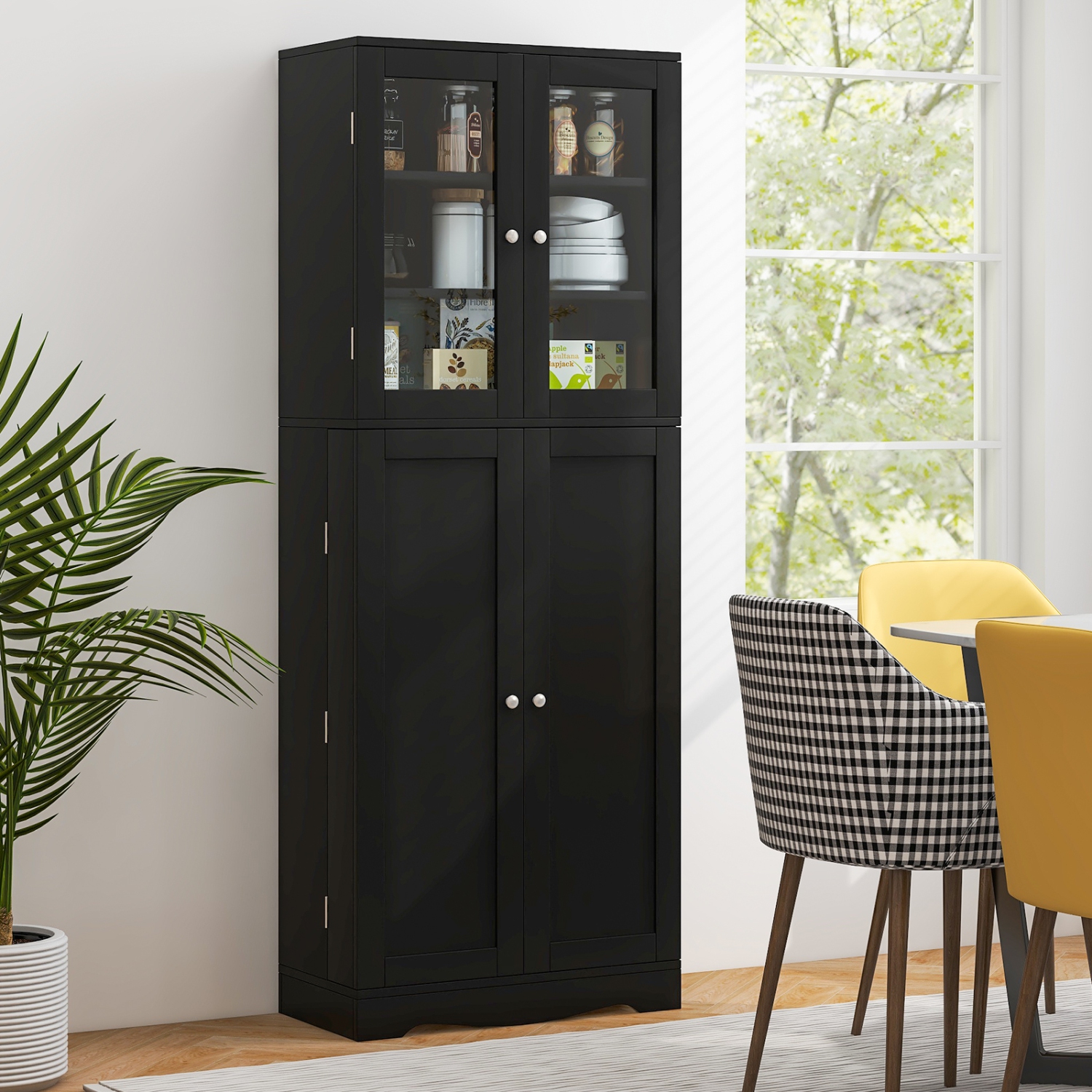 Armoire garde-manger de 63,5 po avec tablettes de rangement à porte en verre de Costway - Noir-blanc