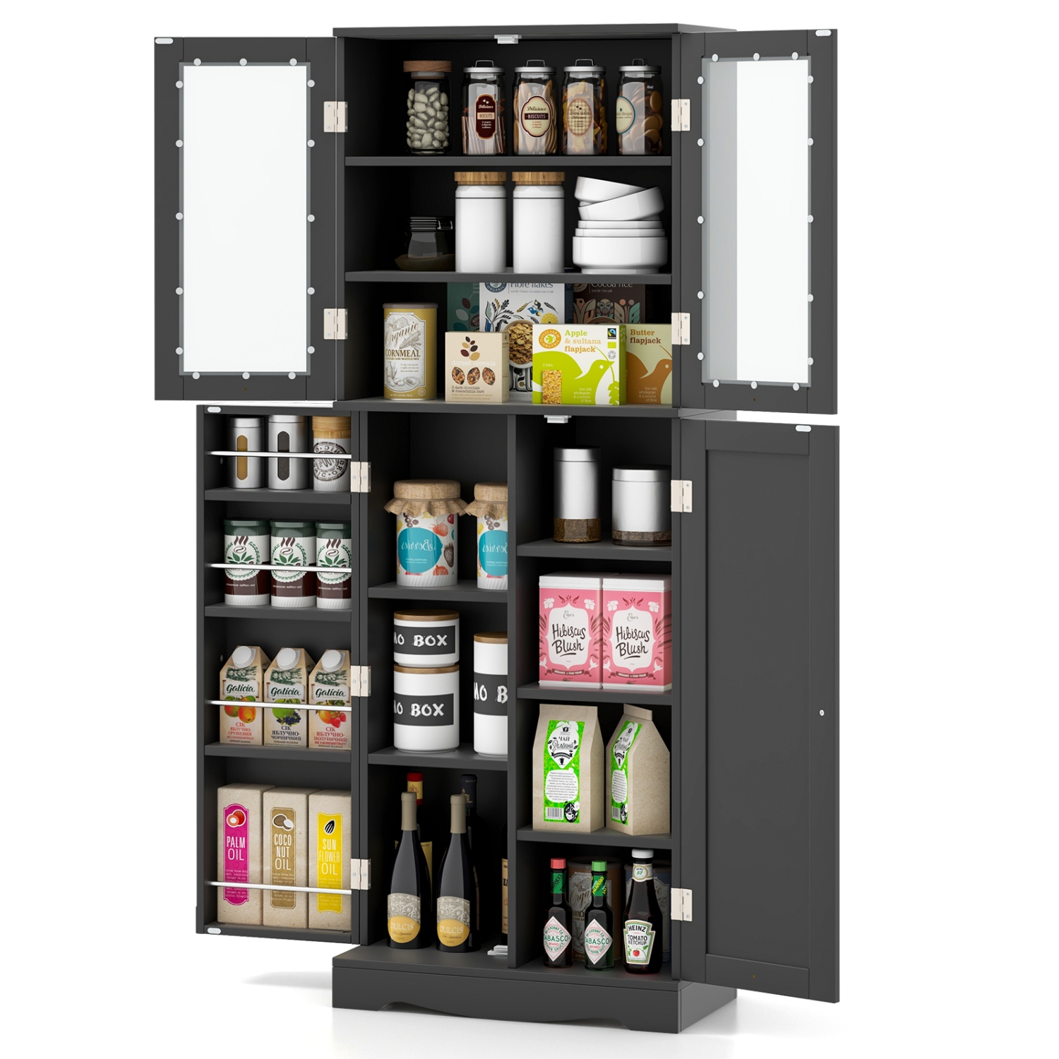Armoire garde-manger de 63,5 po avec tablettes de rangement à porte en verre de Costway - Noir-blanc