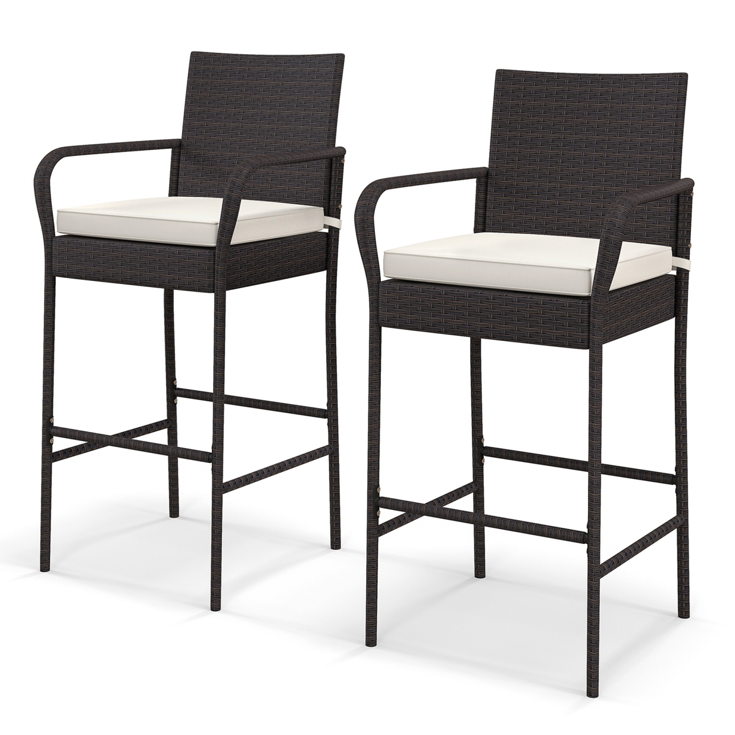 Costway 2PCS Patio PE Wicker Bar Chairs Counter Height&nbsp;Barstools with Armrests &Cushions