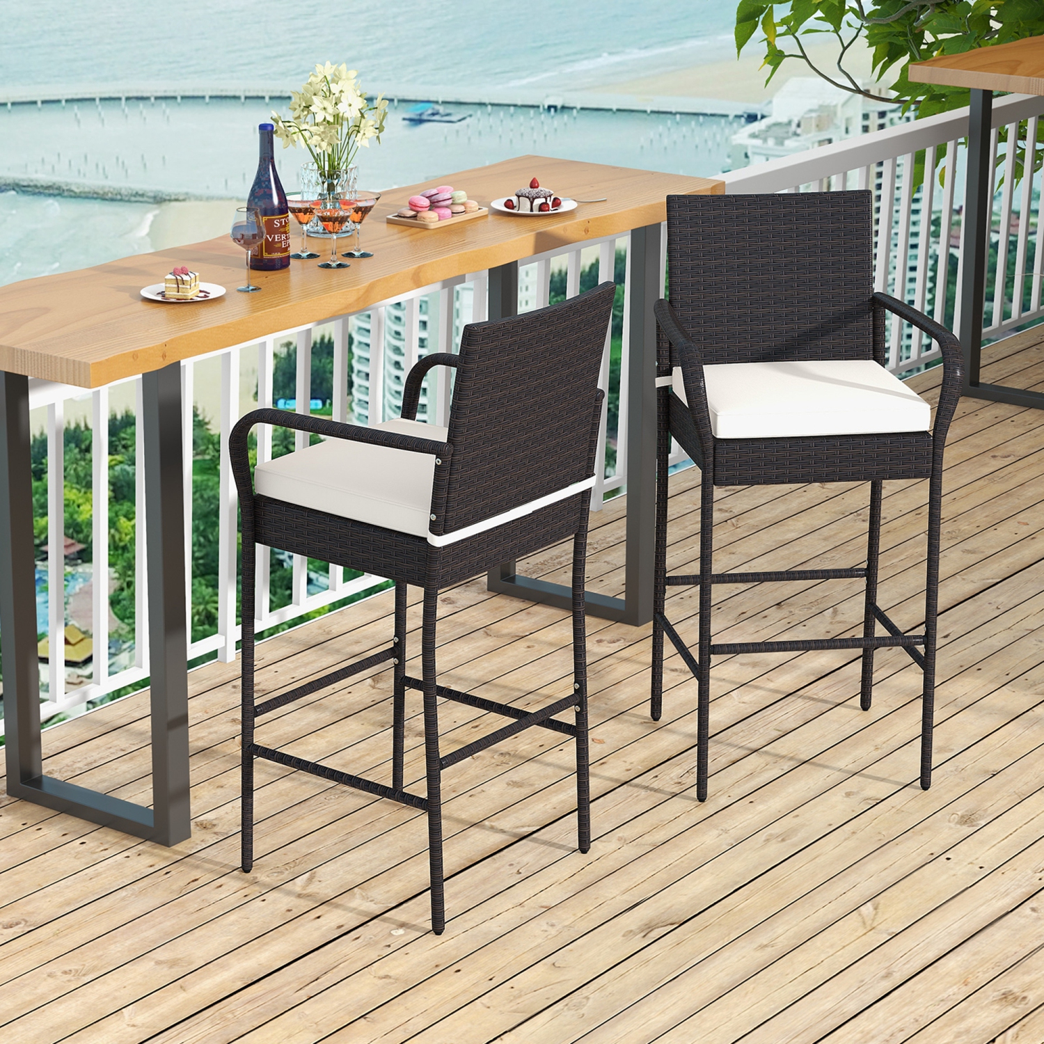 Costway 2PCS Patio PE Wicker Bar Chairs Counter Height Barstools with Armrests &Cushions