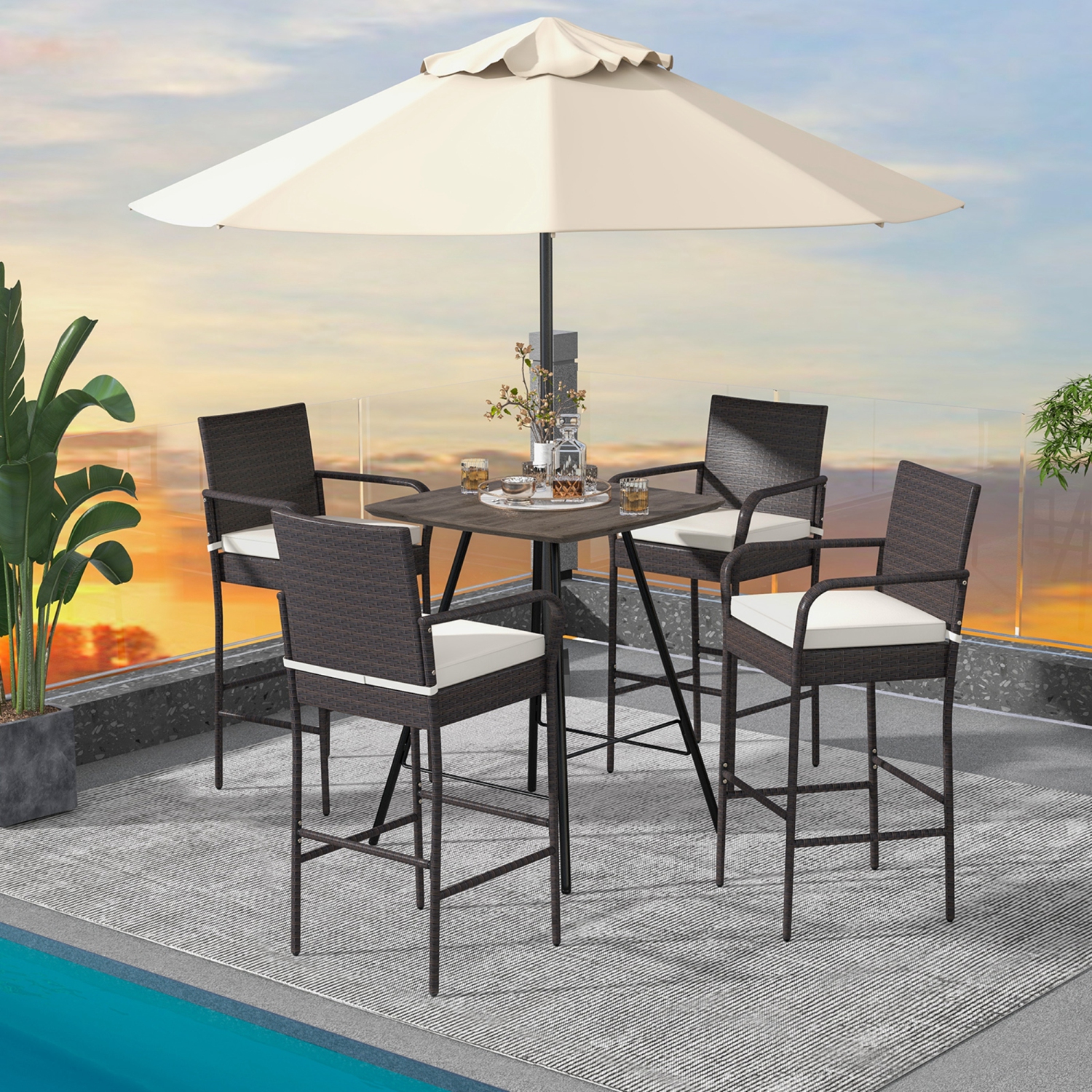 Costway 2PCS Patio PE Wicker Bar Chairs Counter Height Barstools with Armrests &Cushions