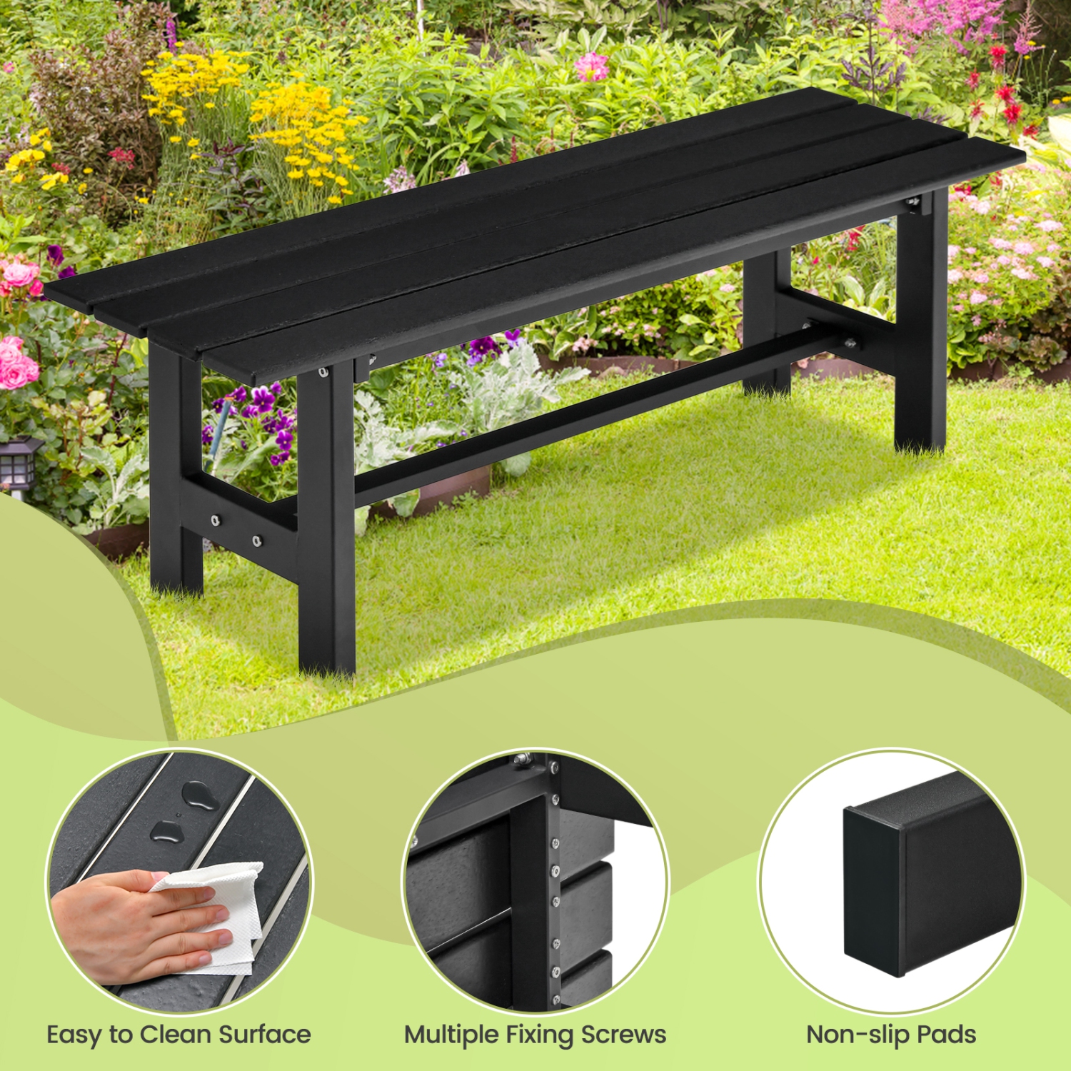 Costway 2PCS Outdoor HDPE Bench with Metal Frame 47" x 14" x 16" for Yard Garden Brown/Black/Gray