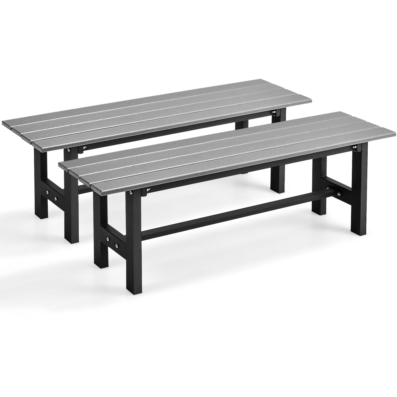 Costway 2PCS Outdoor HDPE Bench with Metal Frame 47" x 14" x 16" for Yard Garden Brown/Black/Gray