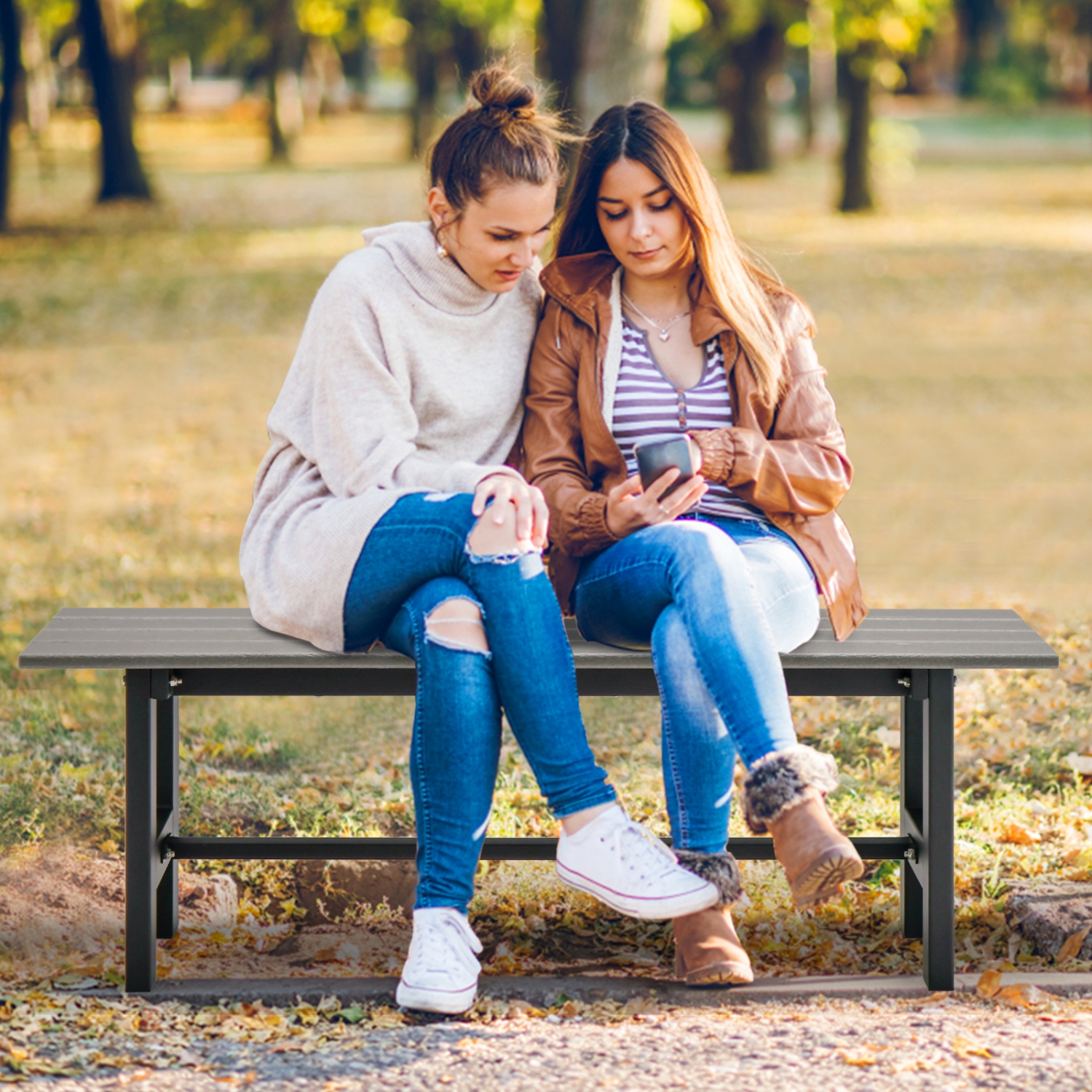 Costway 2PCS Outdoor HDPE Bench with Metal Frame 47" x 14" x 16" for Yard Garden Brown/Black/Gray