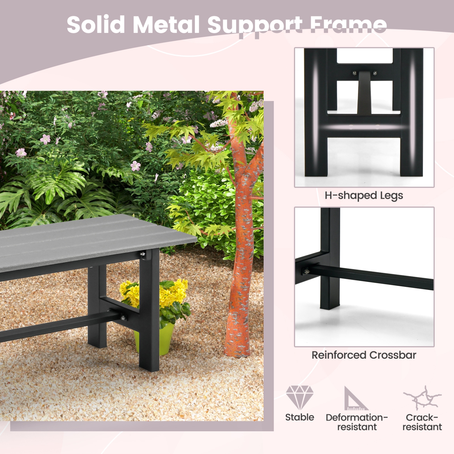 Costway 2PCS Outdoor HDPE Bench with Metal Frame 47" x 14" x 16" for Yard Garden Brown/Black/Gray
