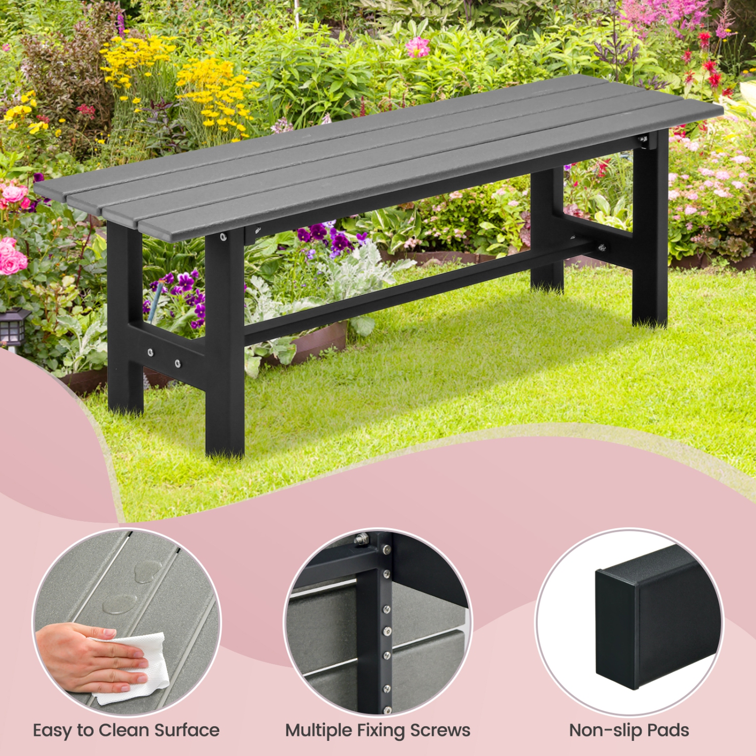 Costway 2PCS Outdoor HDPE Bench with Metal Frame 47" x 14" x 16" for Yard Garden Brown/Black/Gray