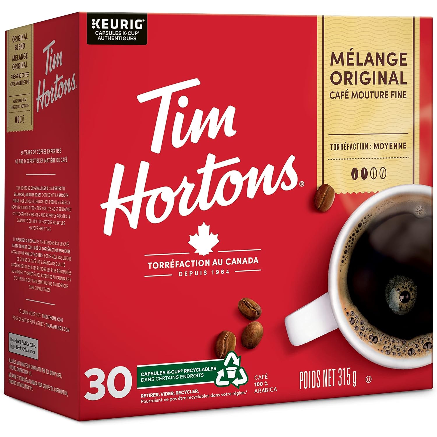 Tim Hortons Original Blend Coffee, Single Serve K-Cup Pods, Medium Roast, 30ct Pack