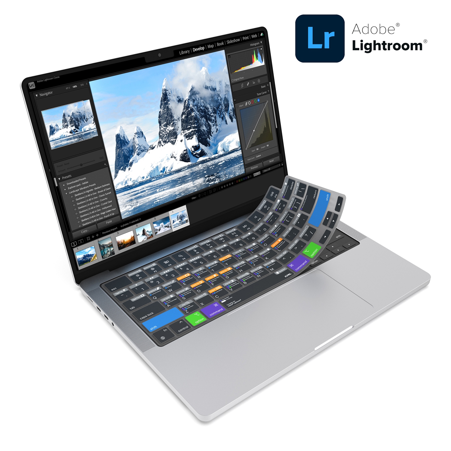 JCPal VerSkin Lightroom Shortcuts Keyboard Protector MacBook Pro 14/16, MacBook Air 13.6 (M3 2024 / M2 2022), MacBook Air 15.3 (M3 2024 / M2 2023)