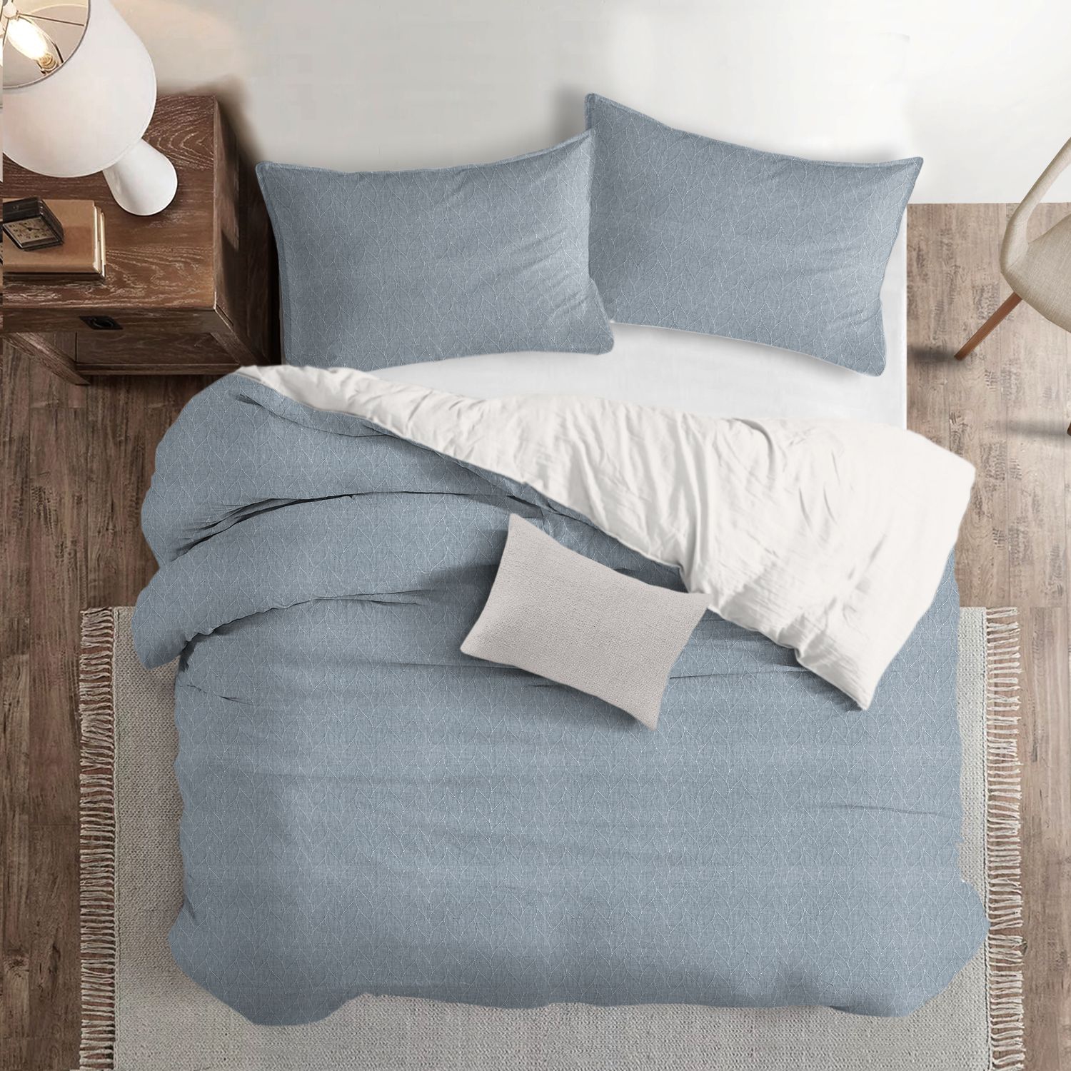 Set of 3 Blue Embossed Braid Coverlet with Pillow Shams - King