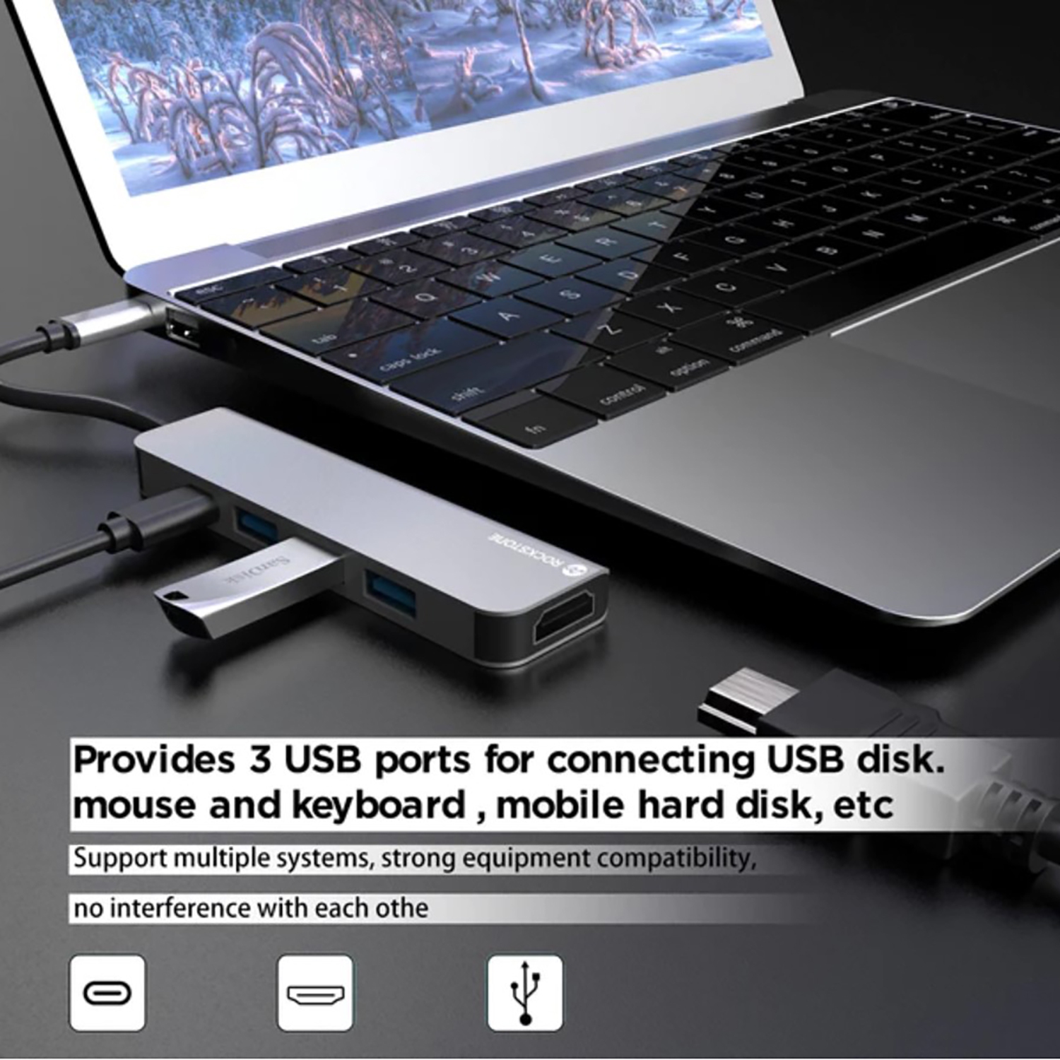 Rockstone - USB Type-C 5 In 1 Hub, USB-A, HDMI and USB-C