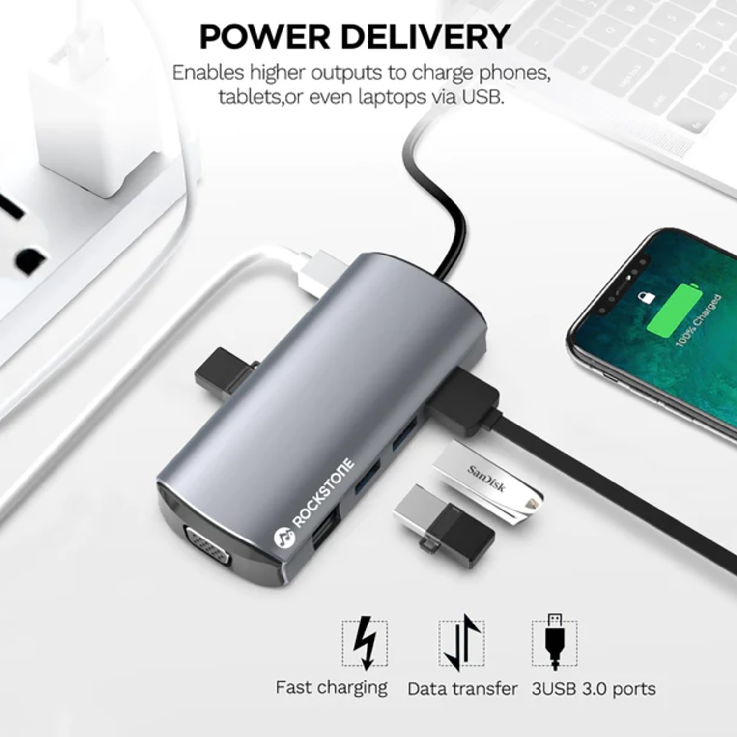 Rockstone - 11-in-1 USB Type-C Hub, USB-A, HDMI and SD & Micro SD Card Reader and more