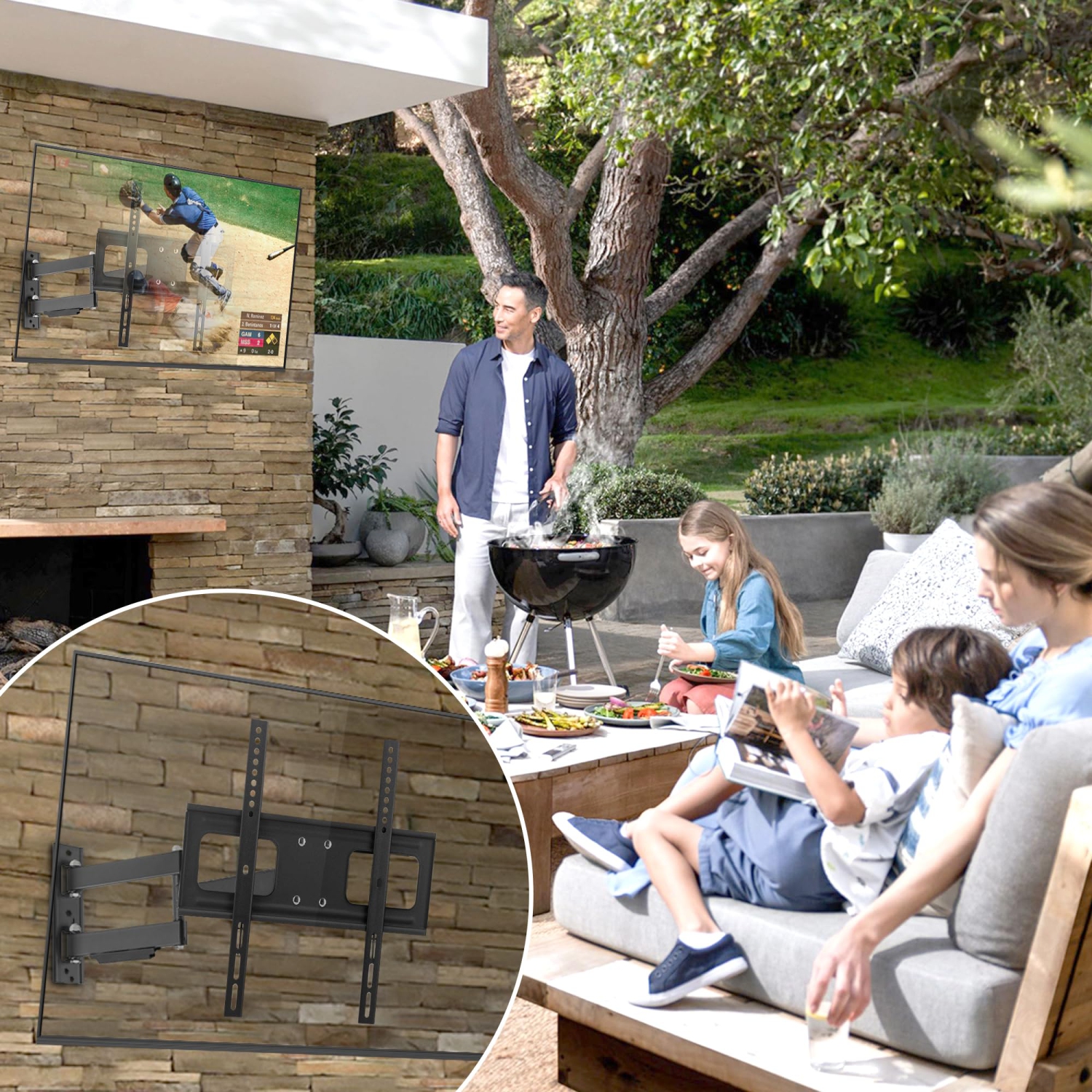 ZeboZap Full Motion Vinyl Siding TV mount | Mount on Vinyl Siding, Stucco, Brick and Stone | WeatherProof | Patio, Backyard | Stainless Steel H/w |