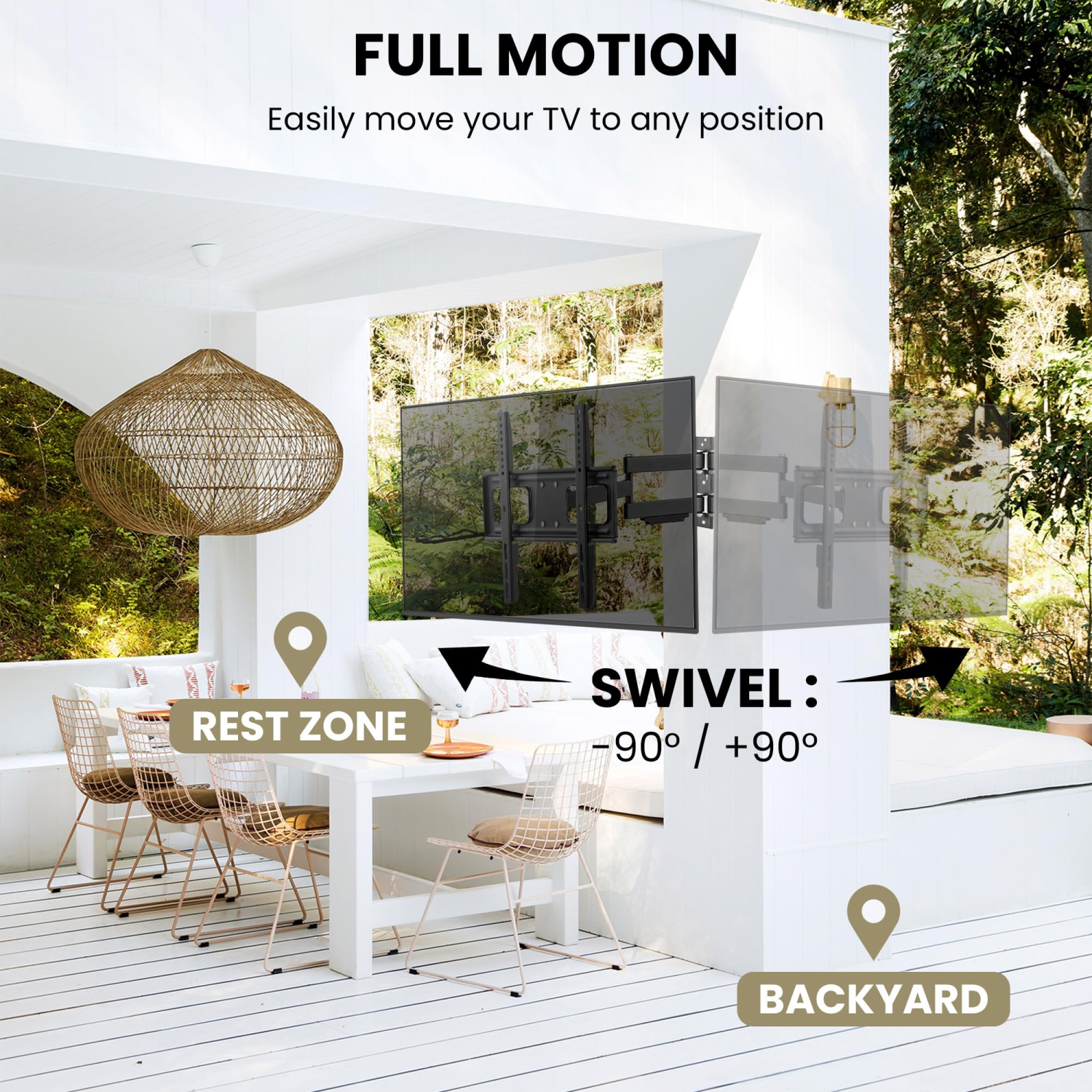 ZeboZap Full Motion Vinyl Siding TV mount | Mount on Vinyl Siding, Stucco, Brick and Stone | WeatherProof | Patio, Backyard | Stainless Steel H/w |